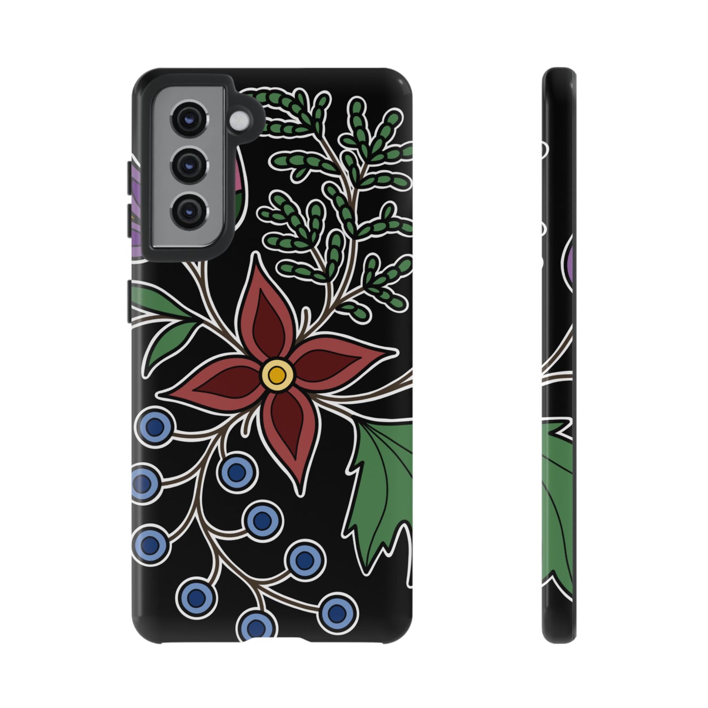 Giizhik (Cedar) & Miinan (Blueberries) Ojibwe Floral Tough Phone Cases - Black