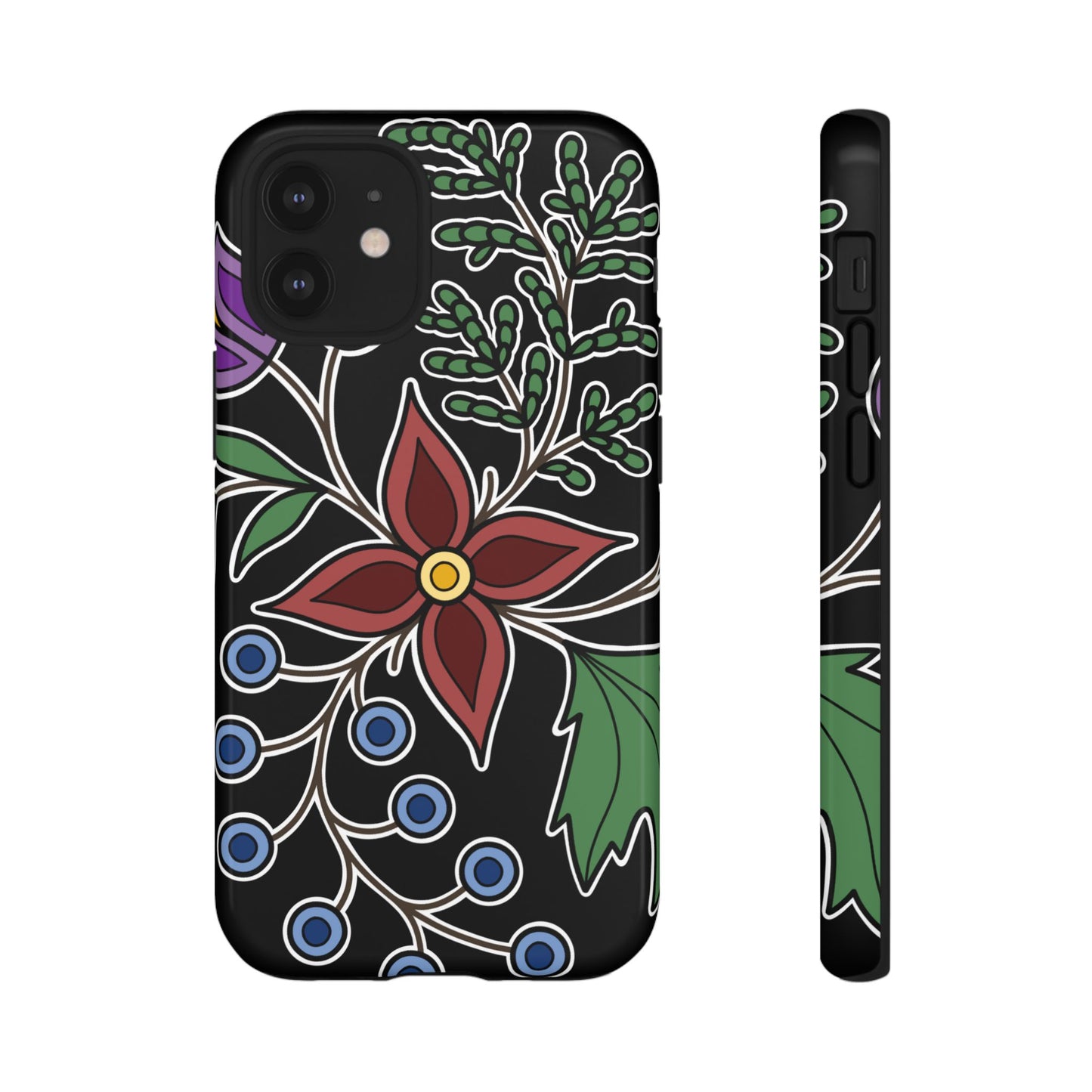 Giizhik (Cedar) & Miinan (Blueberries) Ojibwe Floral Tough Phone Cases - Black