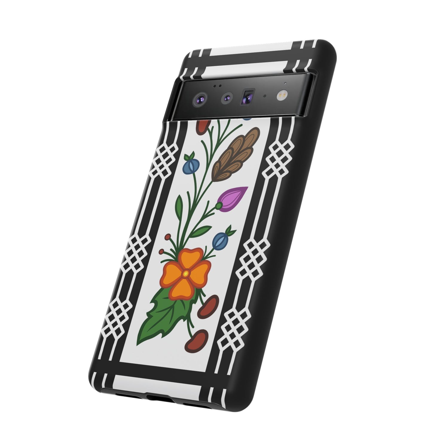 Ojibwe Floral Panel & Otter Track Geometric Border - Tough Phone Cases - Black