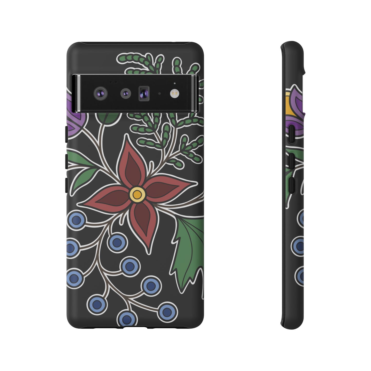 Giizhik (Cedar) & Miinan (Blueberries) Ojibwe Floral Tough Phone Cases - Black