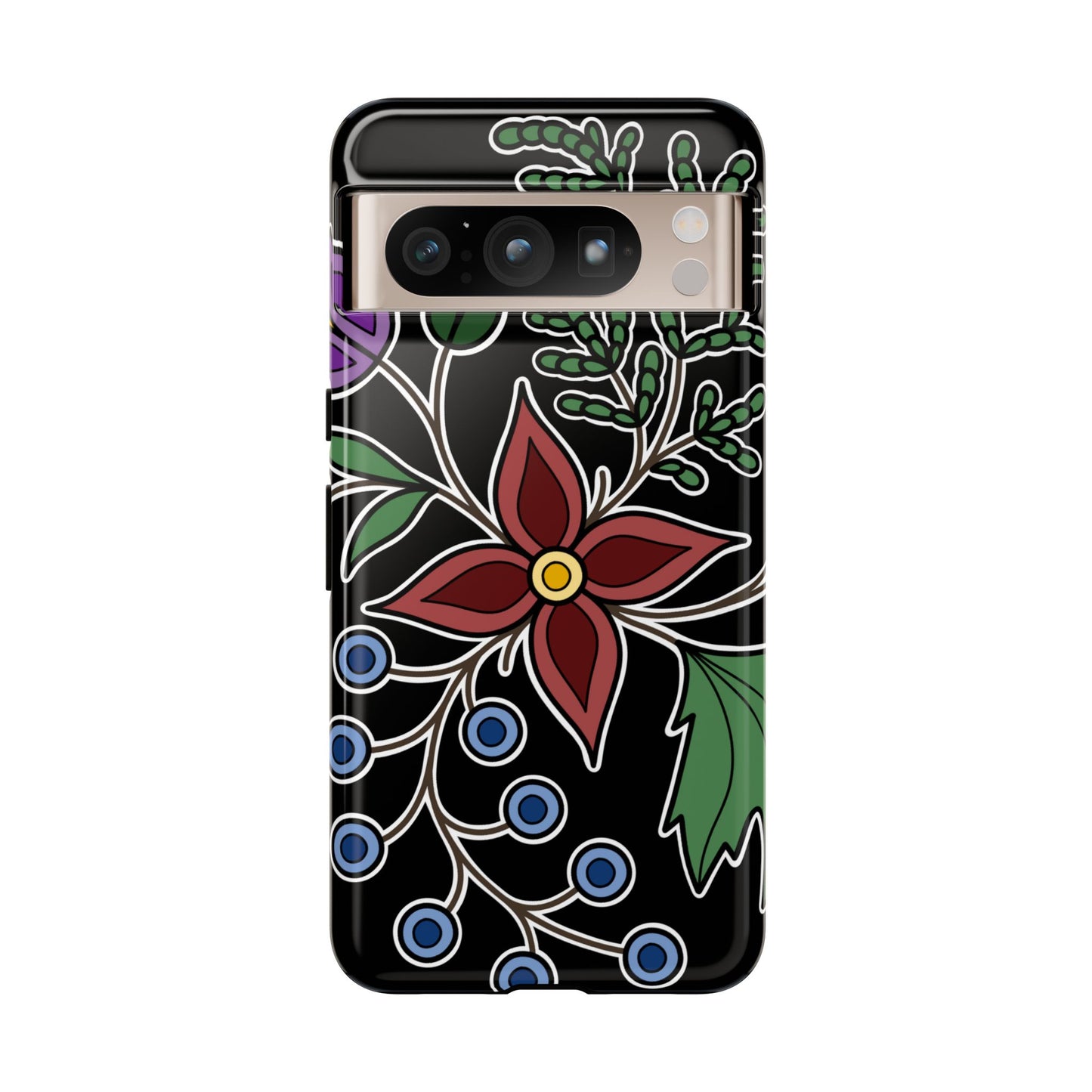 Giizhik (Cedar) & Miinan (Blueberries) Ojibwe Floral Tough Phone Cases - Black