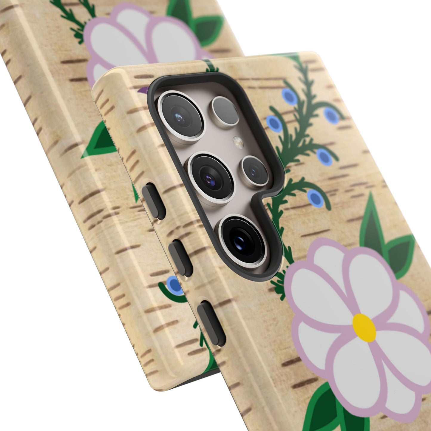 Birchbark Print Ojibwe Floral Tough Phone Cases - Black