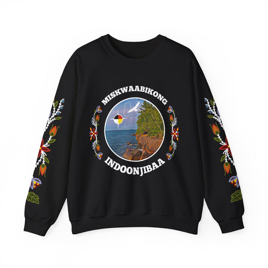 Miskwaabikong Indoonjibaa - Red Cliff Ojibwe Floral Sleeve Design - Unisex Heavy Blend™ Crewneck Sweatshirt