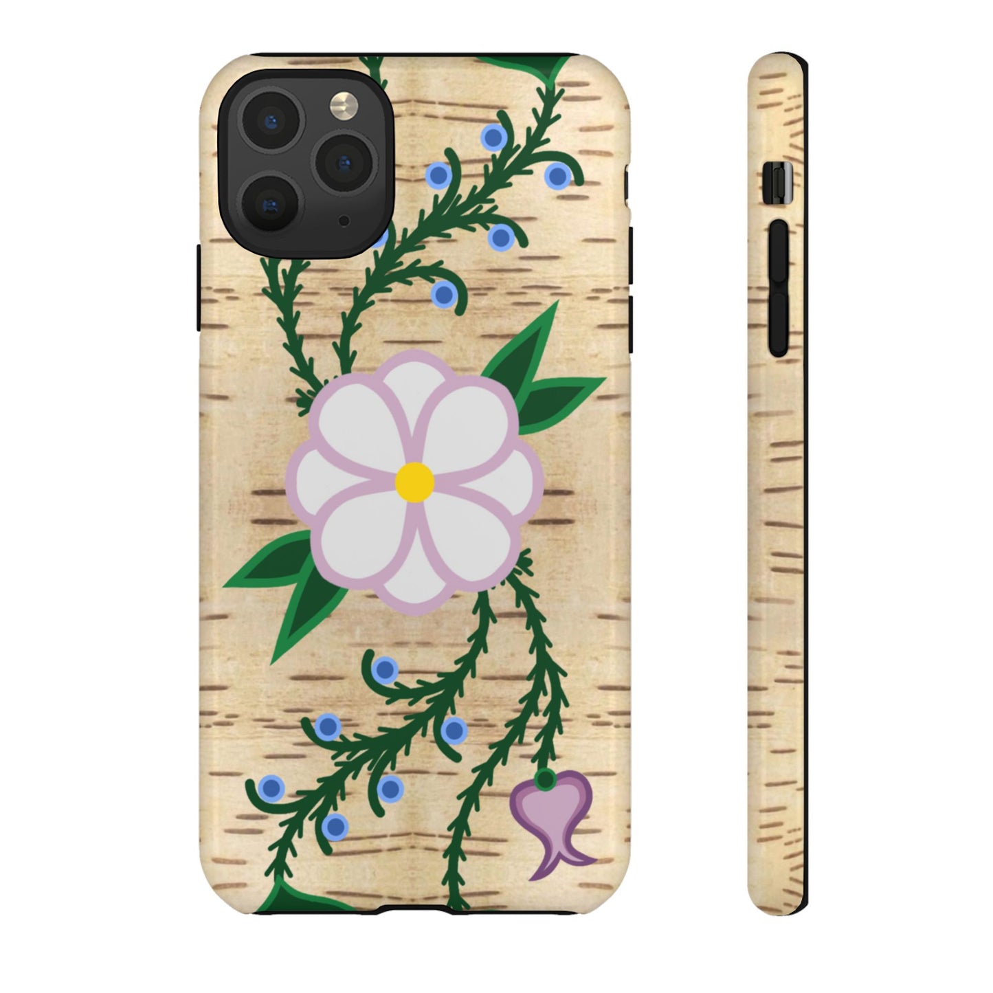 Birchbark Print Ojibwe Floral Tough Phone Cases - Black