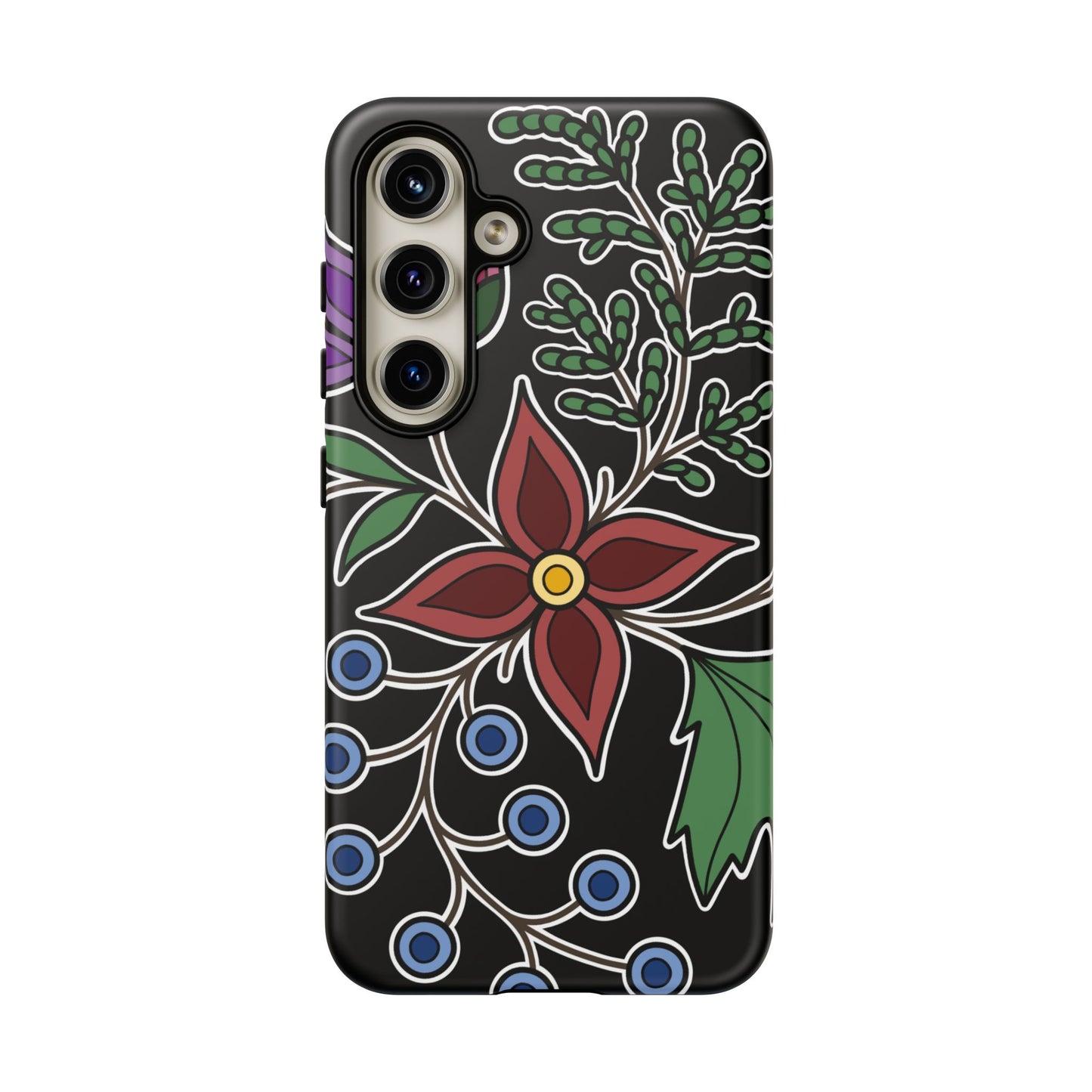 Giizhik (Cedar) & Miinan (Blueberries) Ojibwe Floral Tough Phone Cases - Black