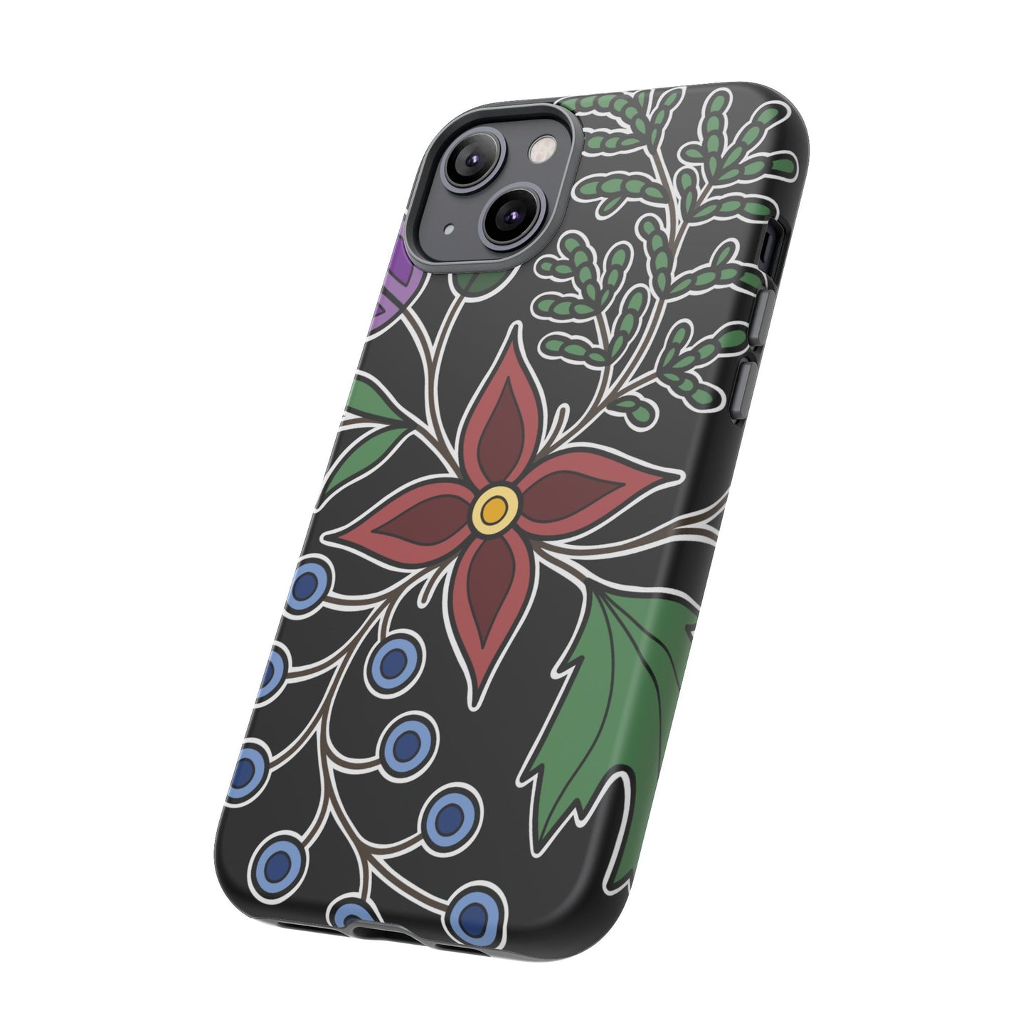 Giizhik (Cedar) & Miinan (Blueberries) Ojibwe Floral Tough Phone Cases - Black