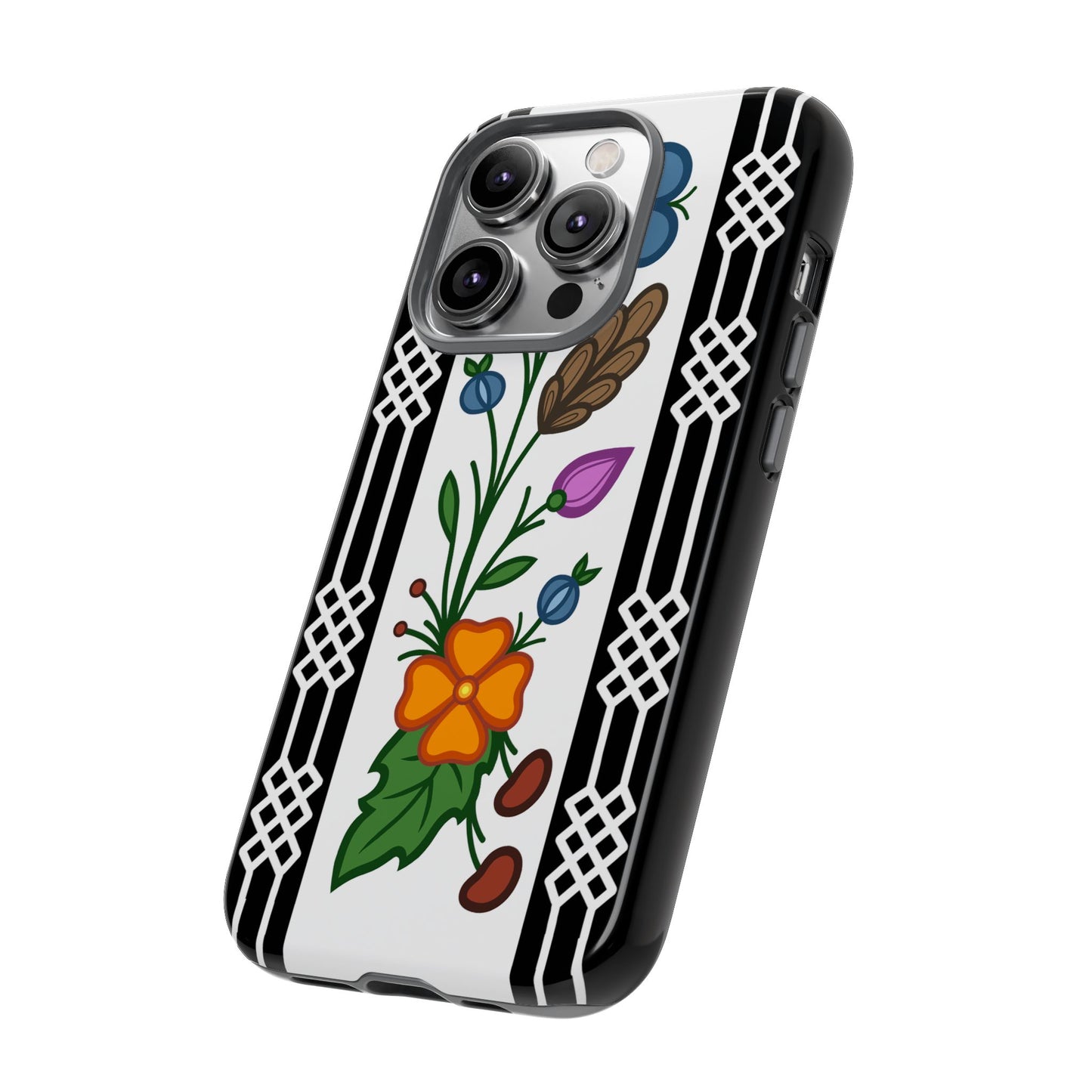 Ojibwe Floral Panel & Otter Track Geometric Border - Tough Phone Cases - Black