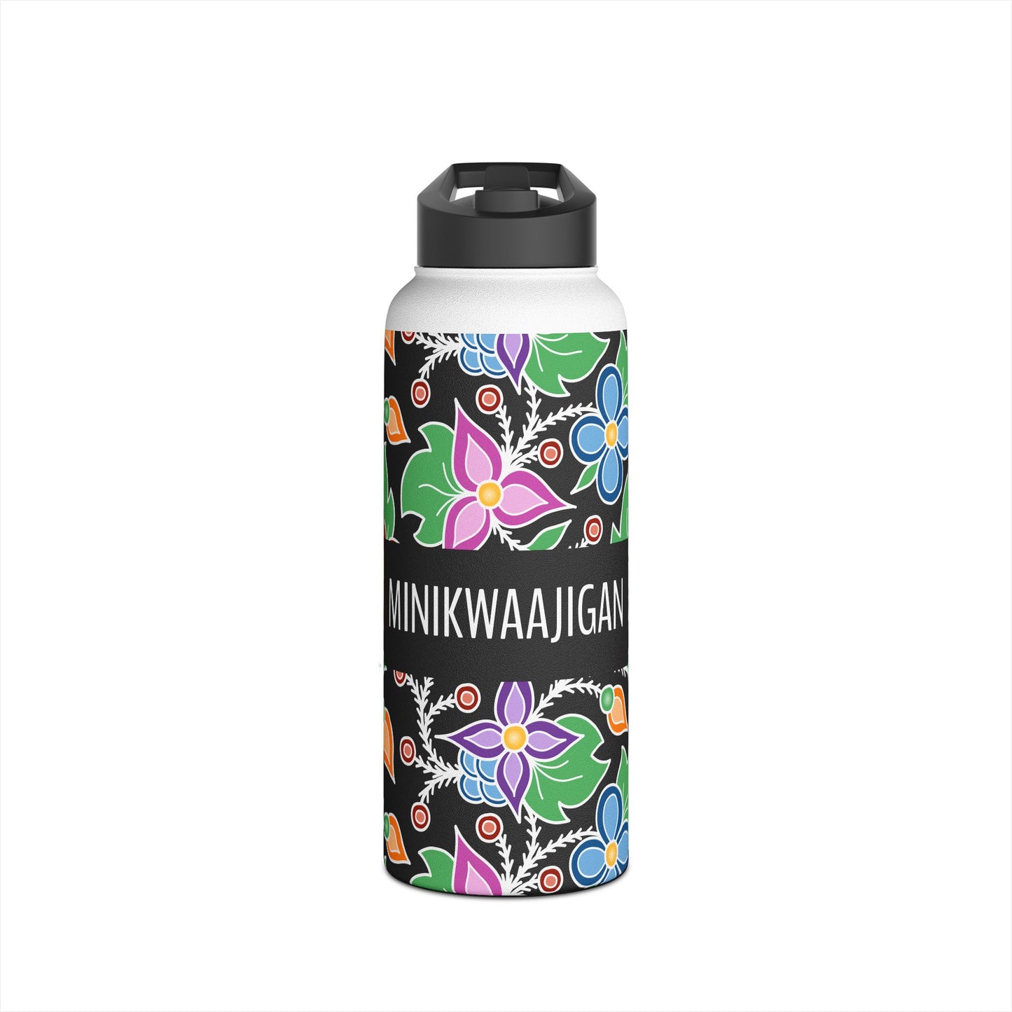 Minikwaajigan/Ojibwemowin For Water Bottle Text - Ojibwe Floral All-Over-Print Design - Stainless Steel Water Bottle, Standard Lid - Colorful