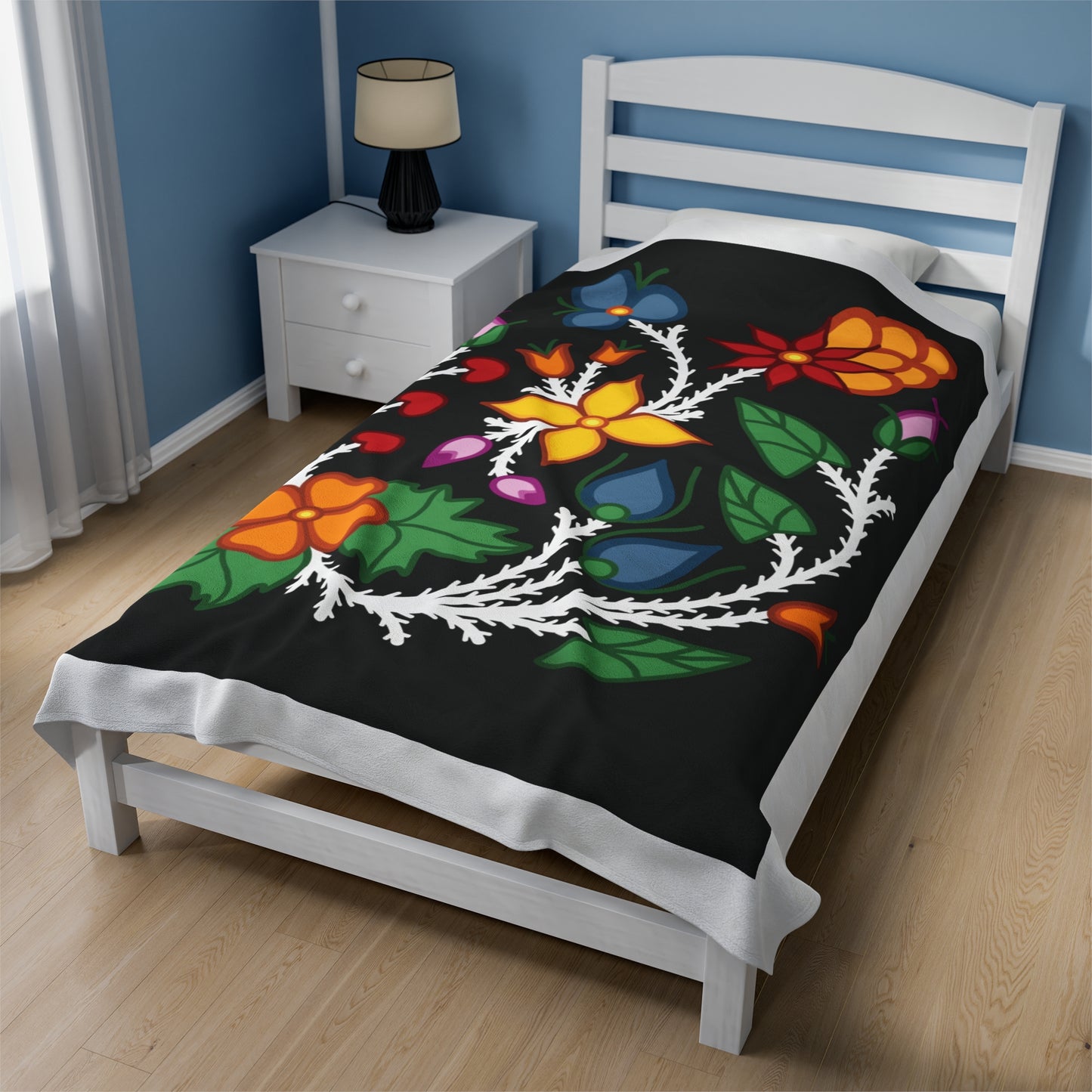 Woodland Florals - Traditonal Ojibwe Floral Design - 60"x80" Velveteen Plush Blanket