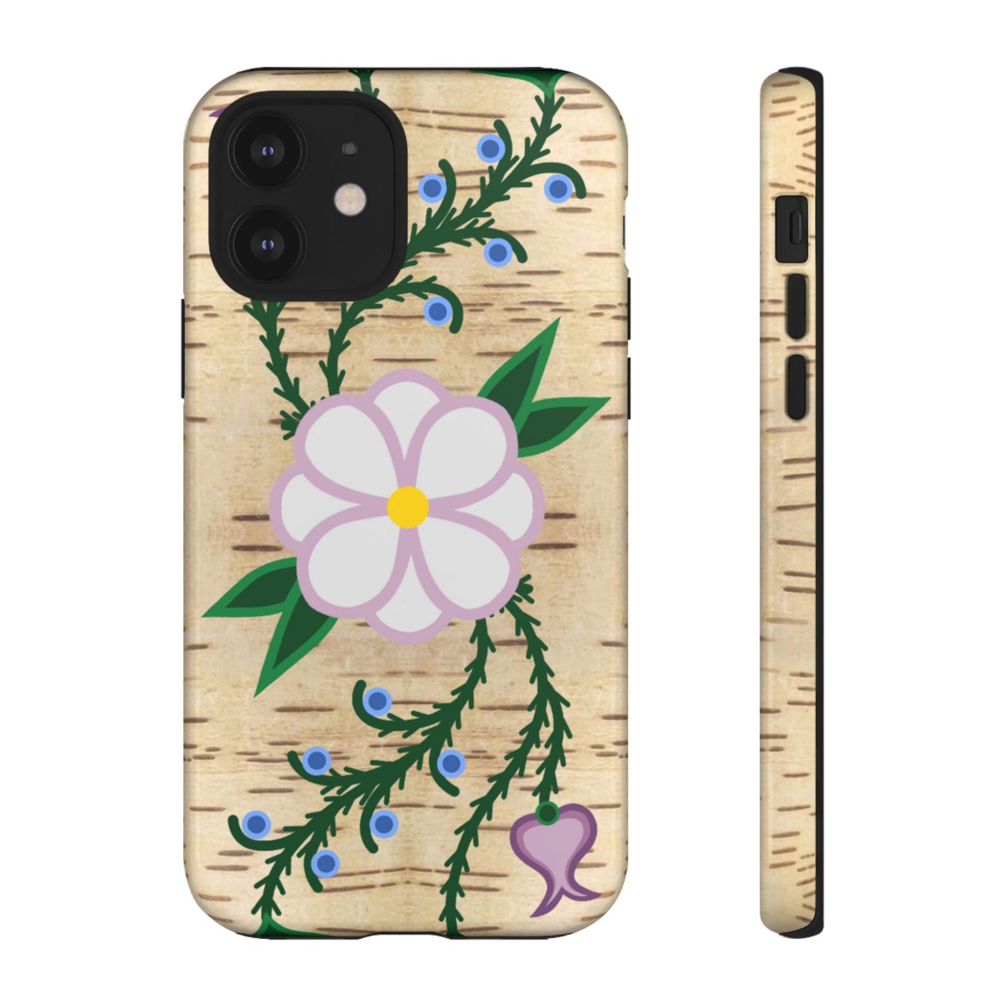 Birchbark Print Ojibwe Floral Tough Phone Cases - Black