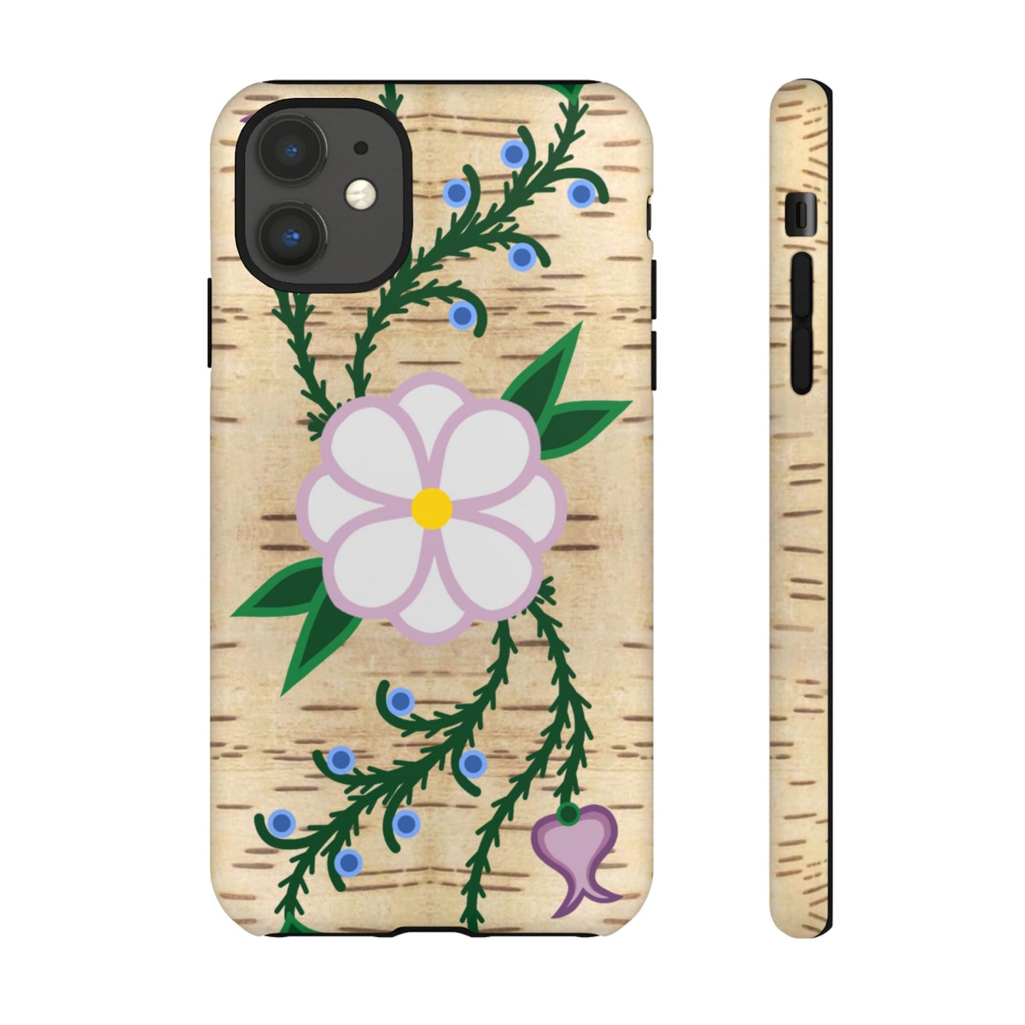 Birchbark Print Ojibwe Floral Tough Phone Cases - Black