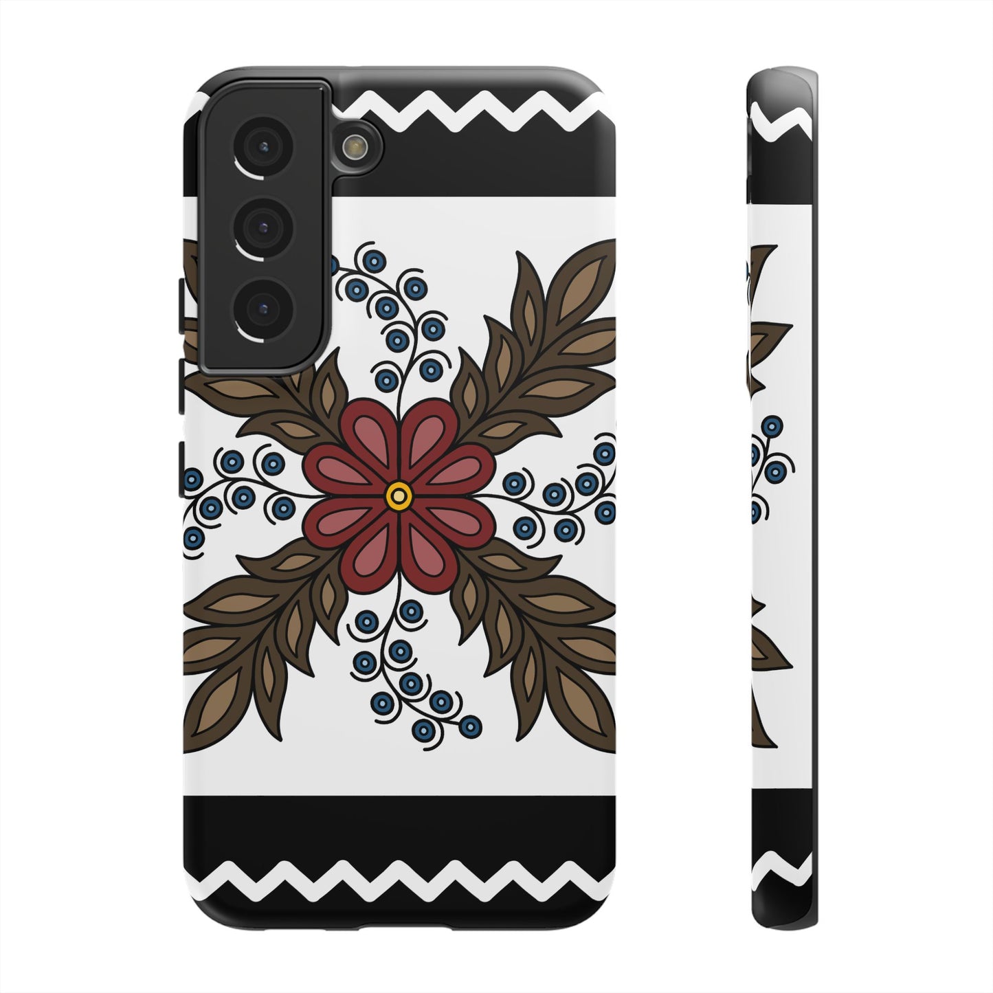 Traditional Style Ojibwe Floral Design With Zig-Zag Geometric Border Design - Tough Phone Cases - Black