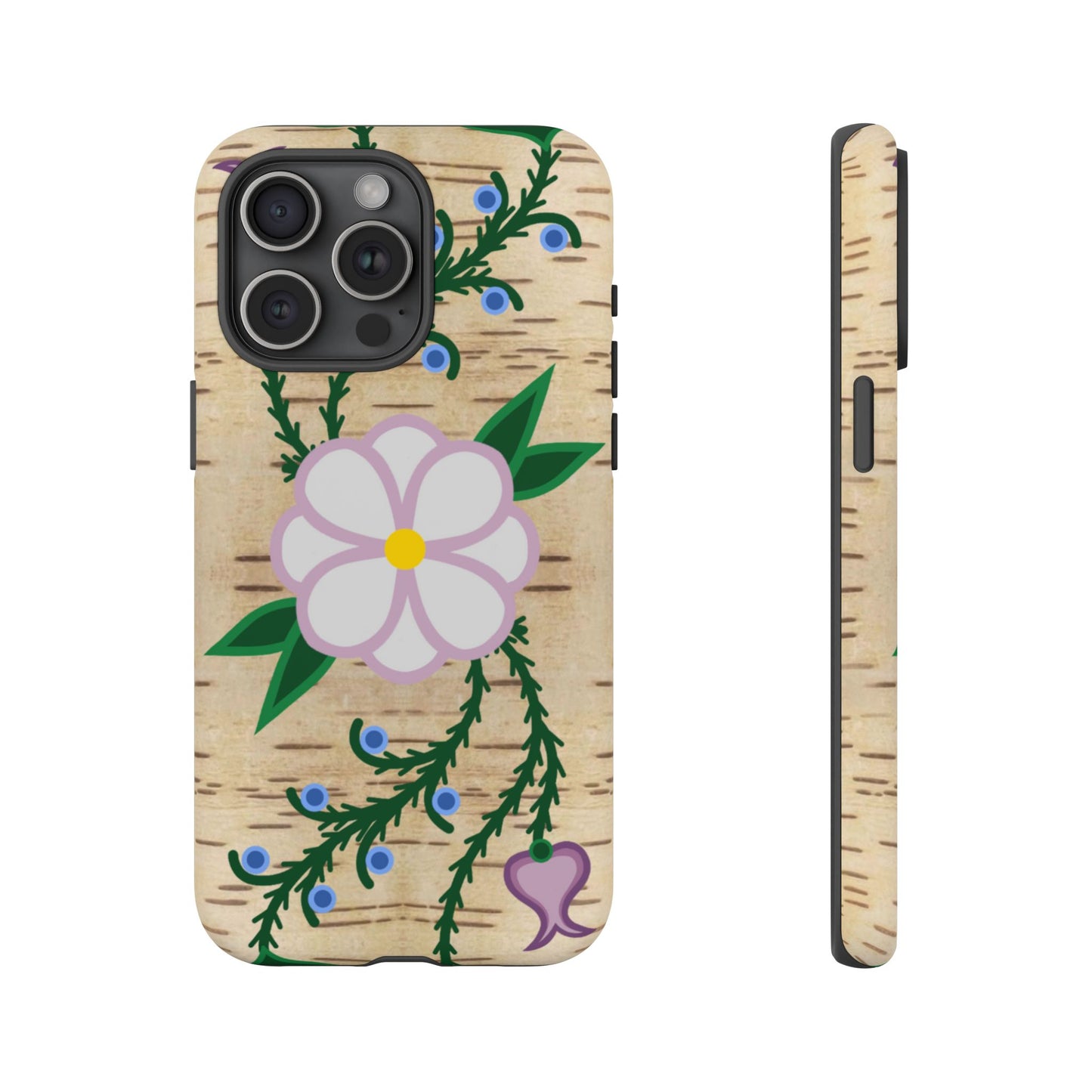 Birchbark Print Ojibwe Floral Tough Phone Cases - Black