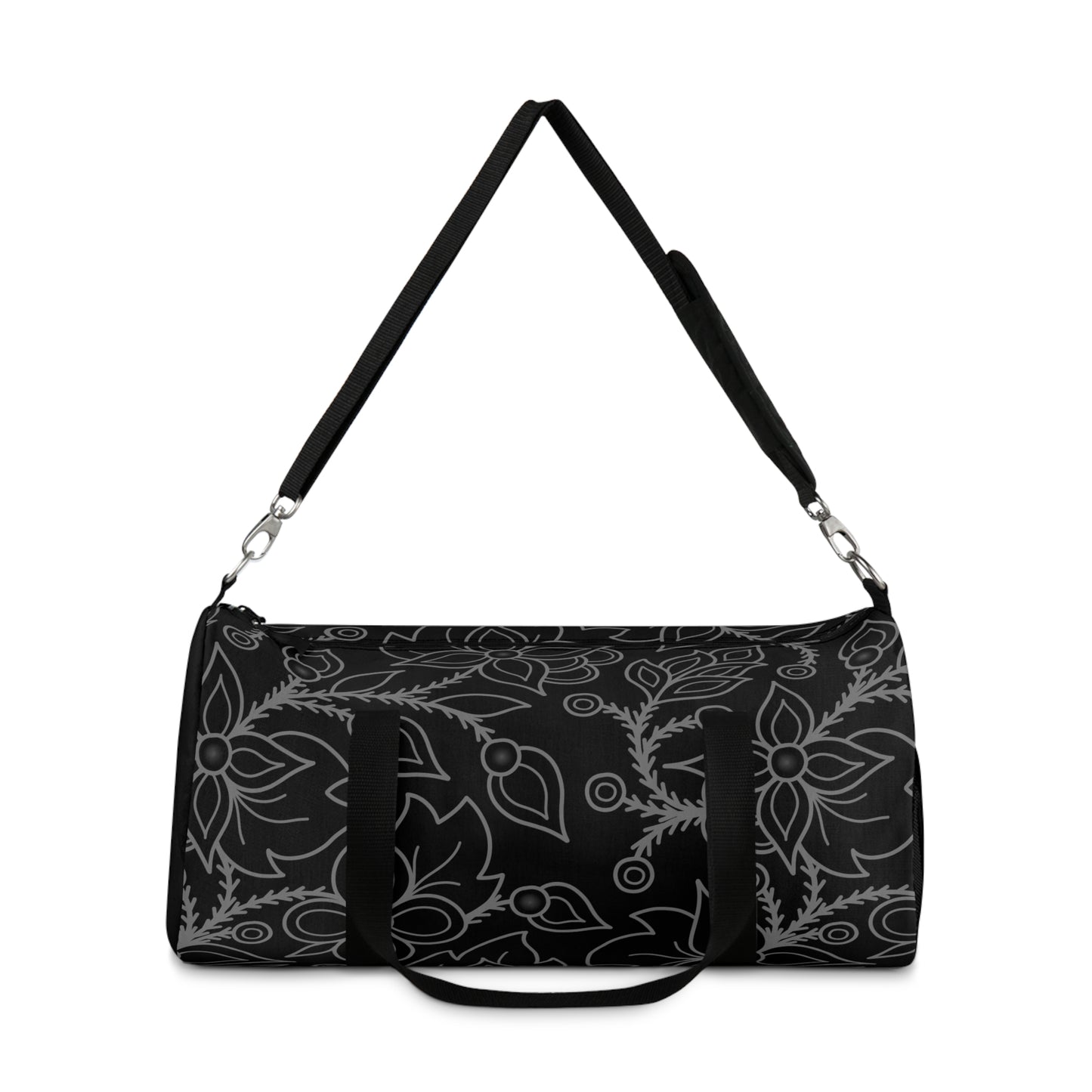 Woodland Ojibwe Floral All-Over-Print Design - Duffel Bag - Black & Gray - Two Sizes