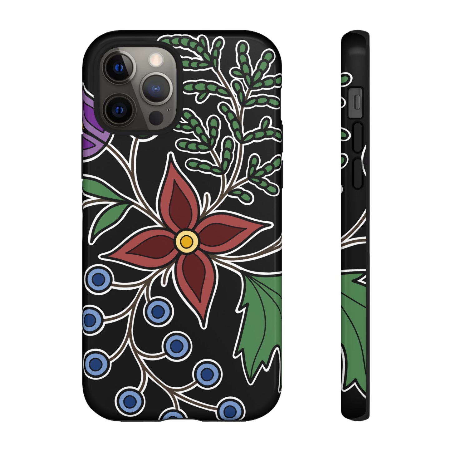 Giizhik (Cedar) & Miinan (Blueberries) Ojibwe Floral Tough Phone Cases - Black