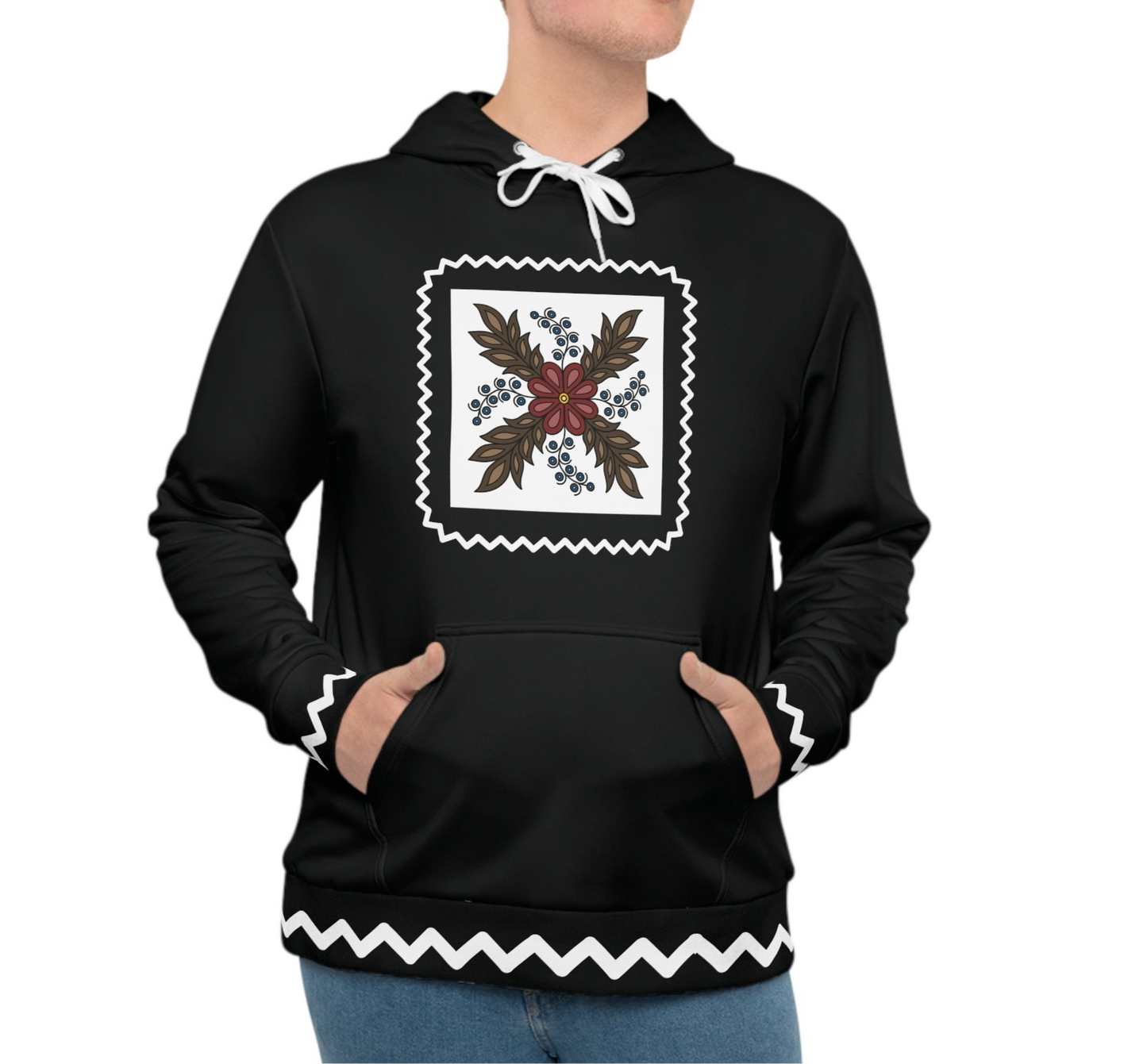 Traditional Style Ojibwe Floral & Berries Design with Zig Zag Border - Unisex Hoodie