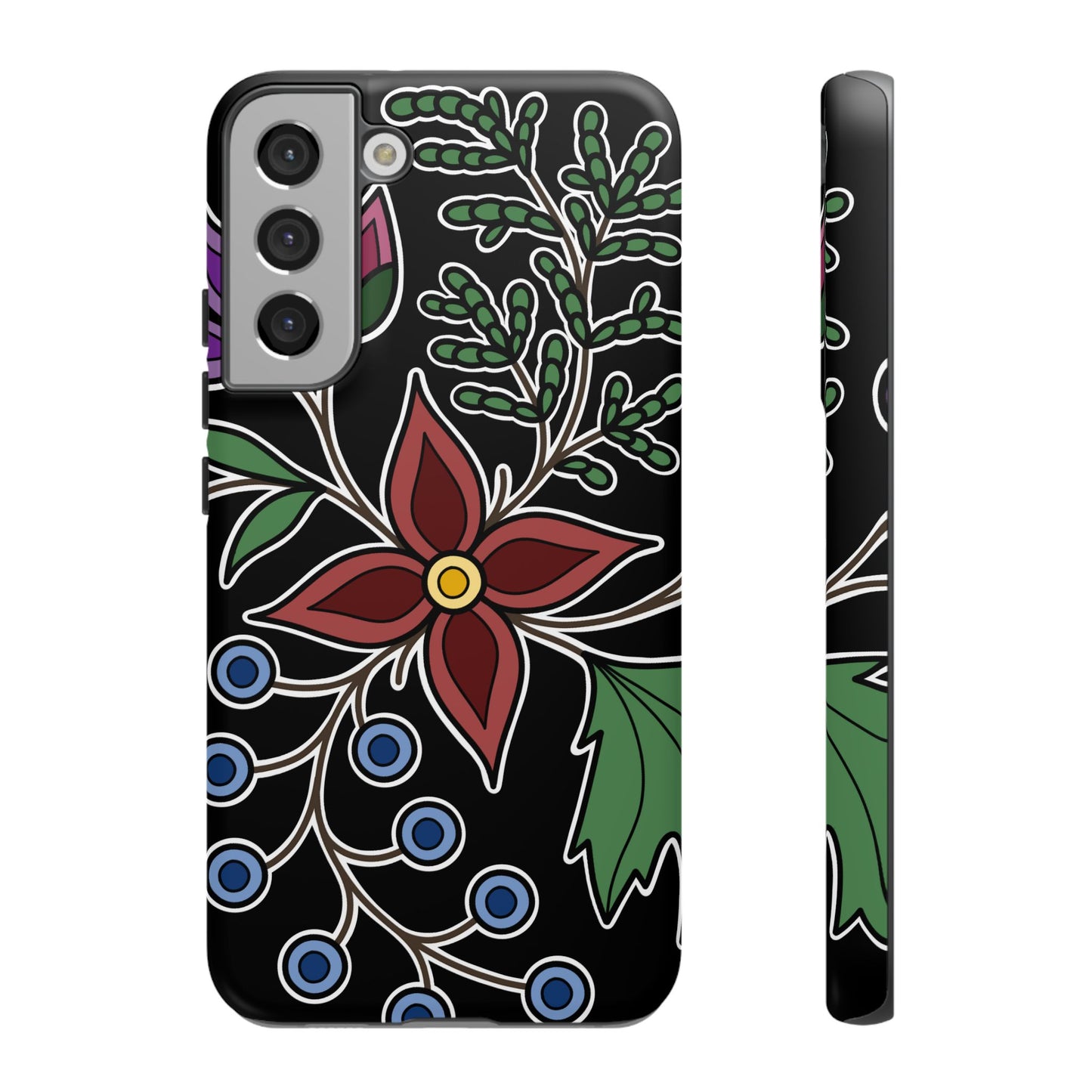 Giizhik (Cedar) & Miinan (Blueberries) Ojibwe Floral Tough Phone Cases - Black