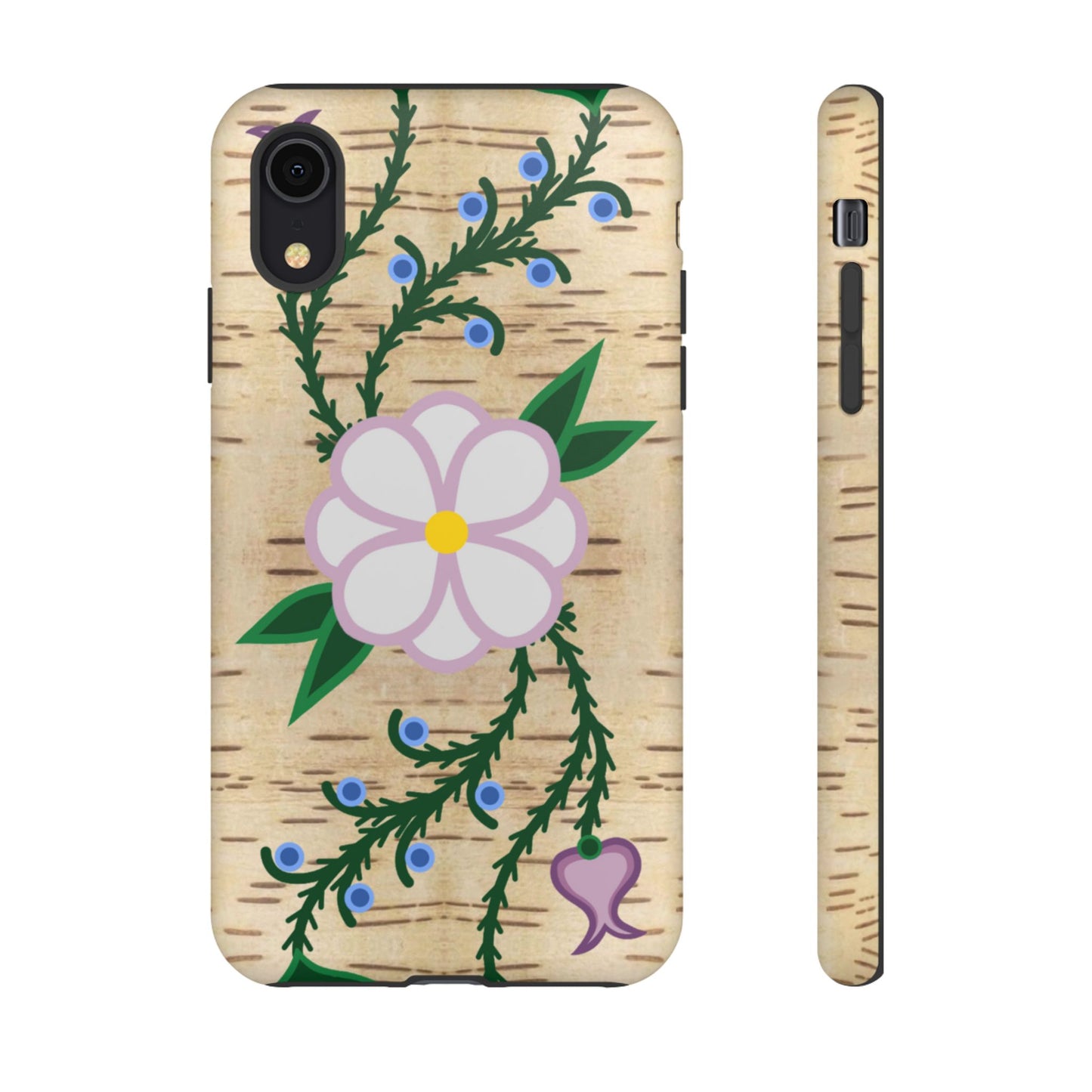 Birchbark Print Ojibwe Floral Tough Phone Cases - Black