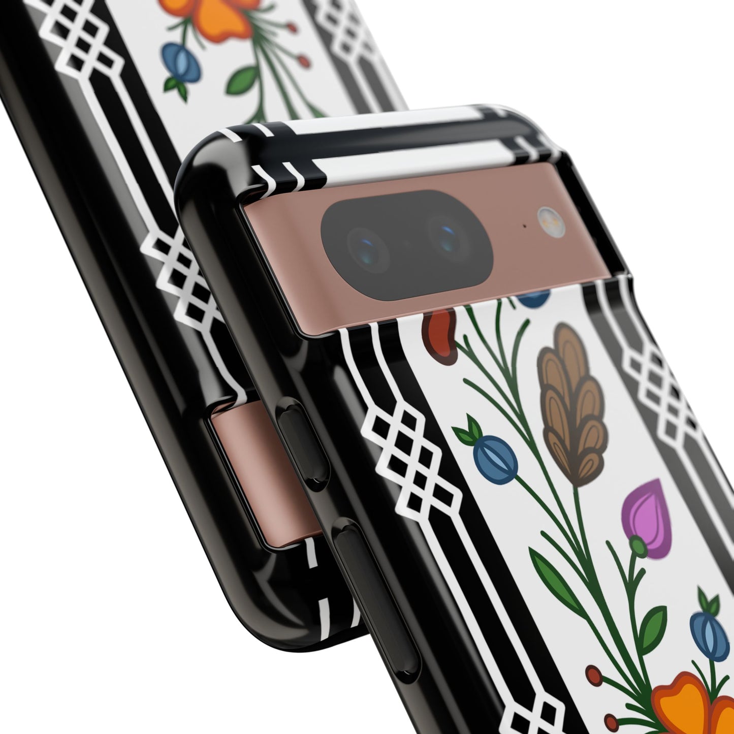 Ojibwe Floral Panel & Otter Track Geometric Border - Tough Phone Cases - Black