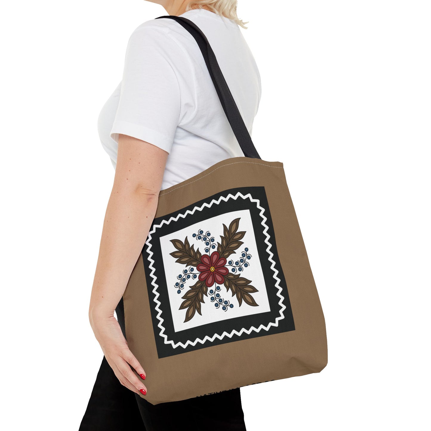 Traditional Style Ojibwe Floral With Zig-Zag Geometric Border Design - Tote Bag