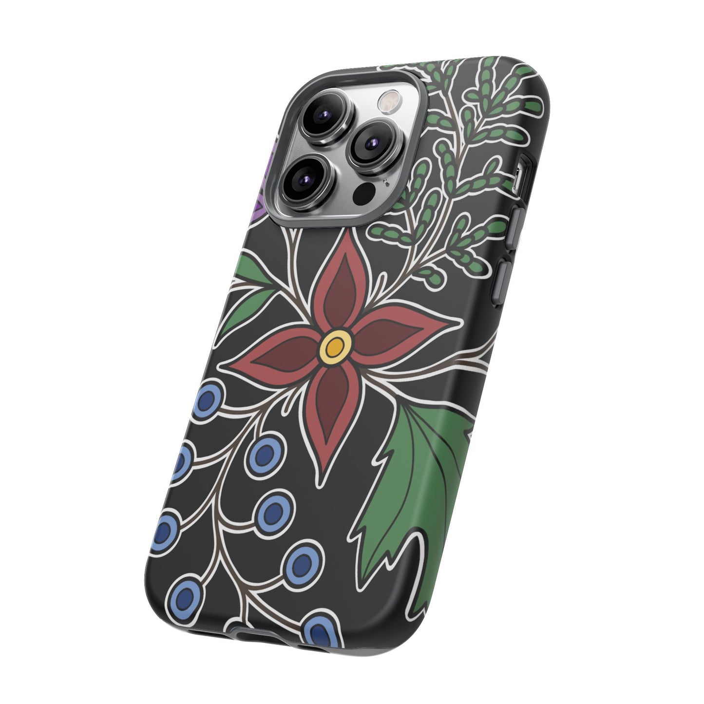 Giizhik (Cedar) & Miinan (Blueberries) Ojibwe Floral Tough Phone Cases - Black