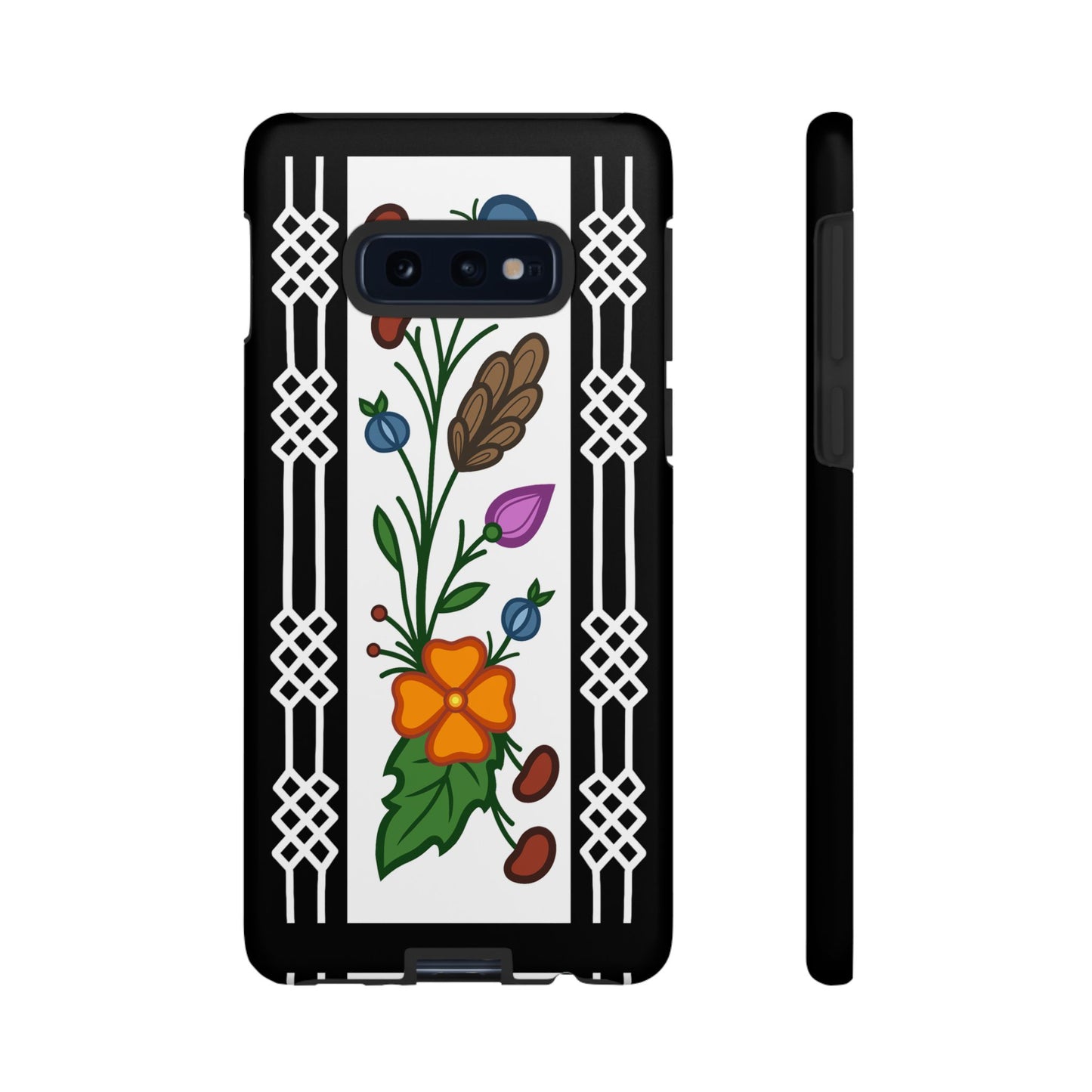 Ojibwe Floral Panel & Otter Track Geometric Border - Tough Phone Cases - Black