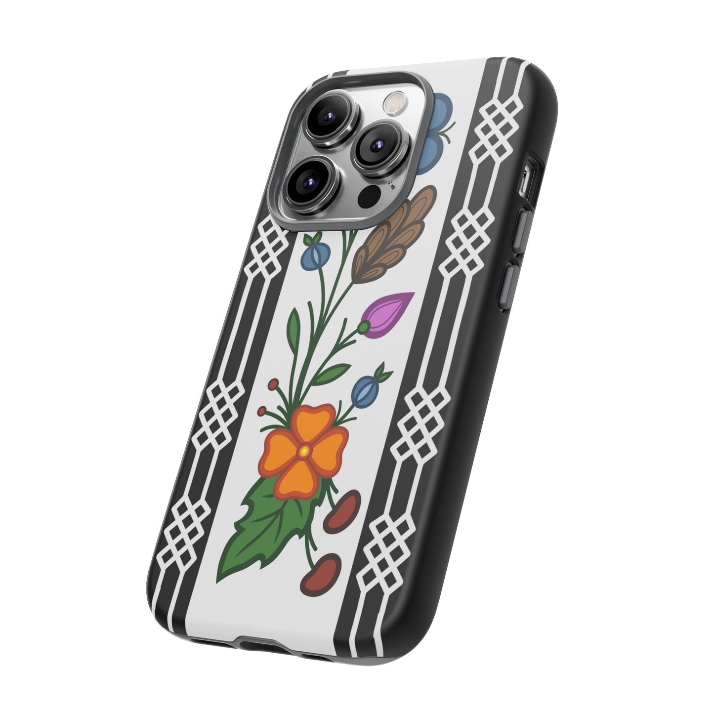 Ojibwe Floral Panel & Otter Track Geometric Border - Tough Phone Cases - Black