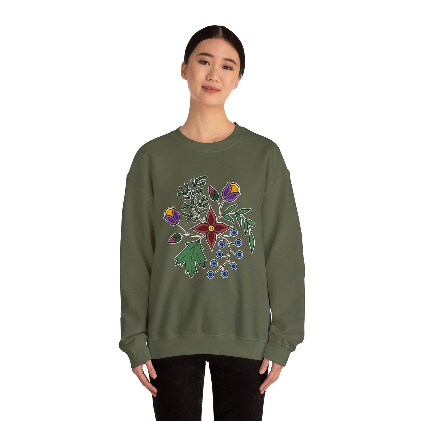 Giizhik / Cedar Ojibwe Floral Design - Unisex Gildan Heavy Blend™ Crewneck Sweatshirt