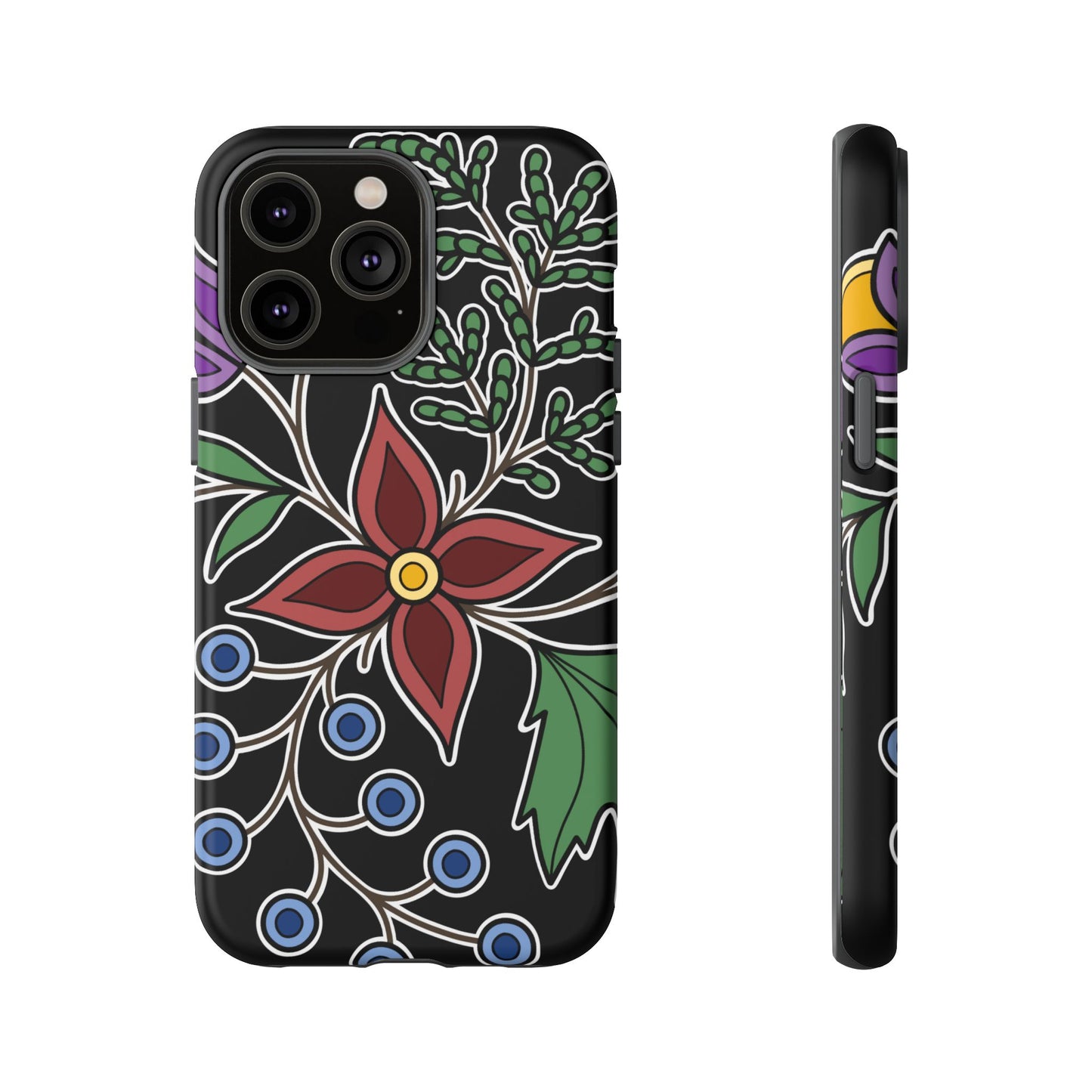 Giizhik (Cedar) & Miinan (Blueberries) Ojibwe Floral Tough Phone Cases - Black