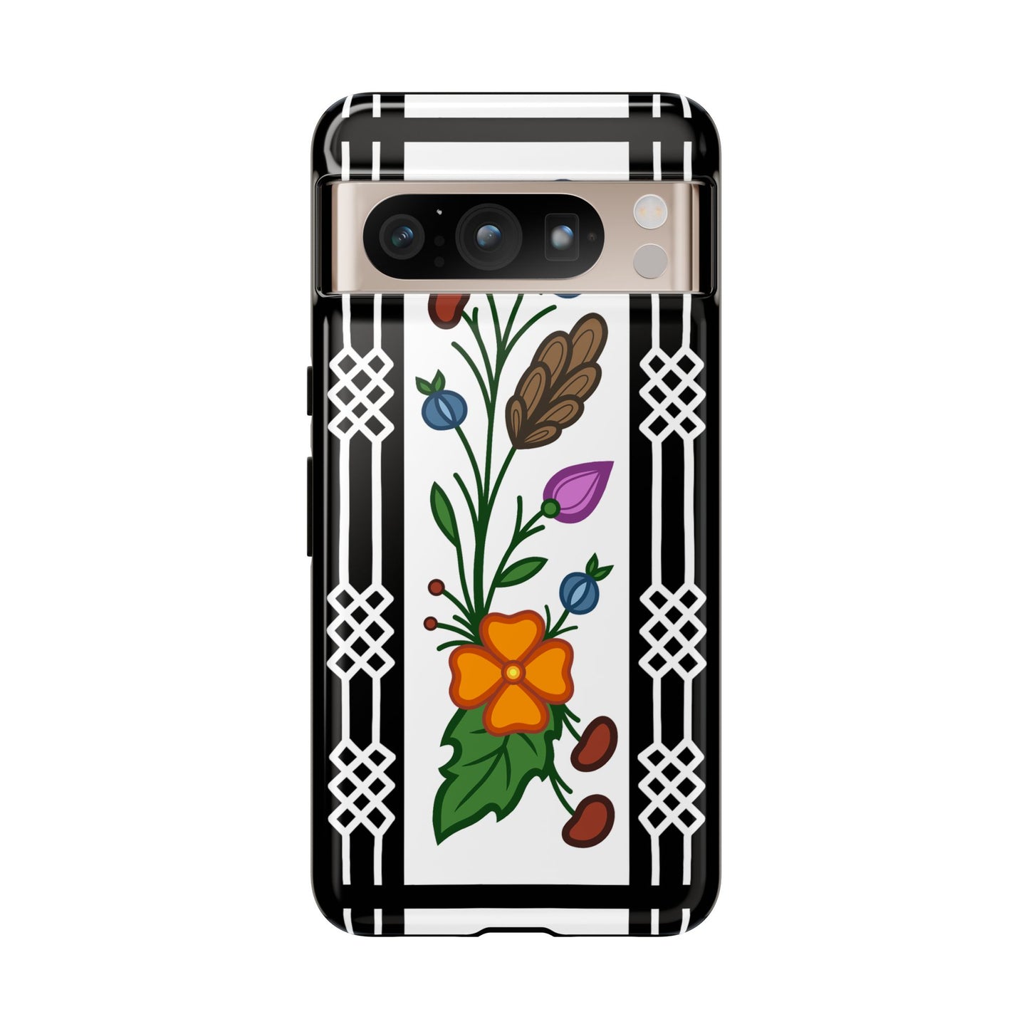 Ojibwe Floral Panel & Otter Track Geometric Border - Tough Phone Cases - Black