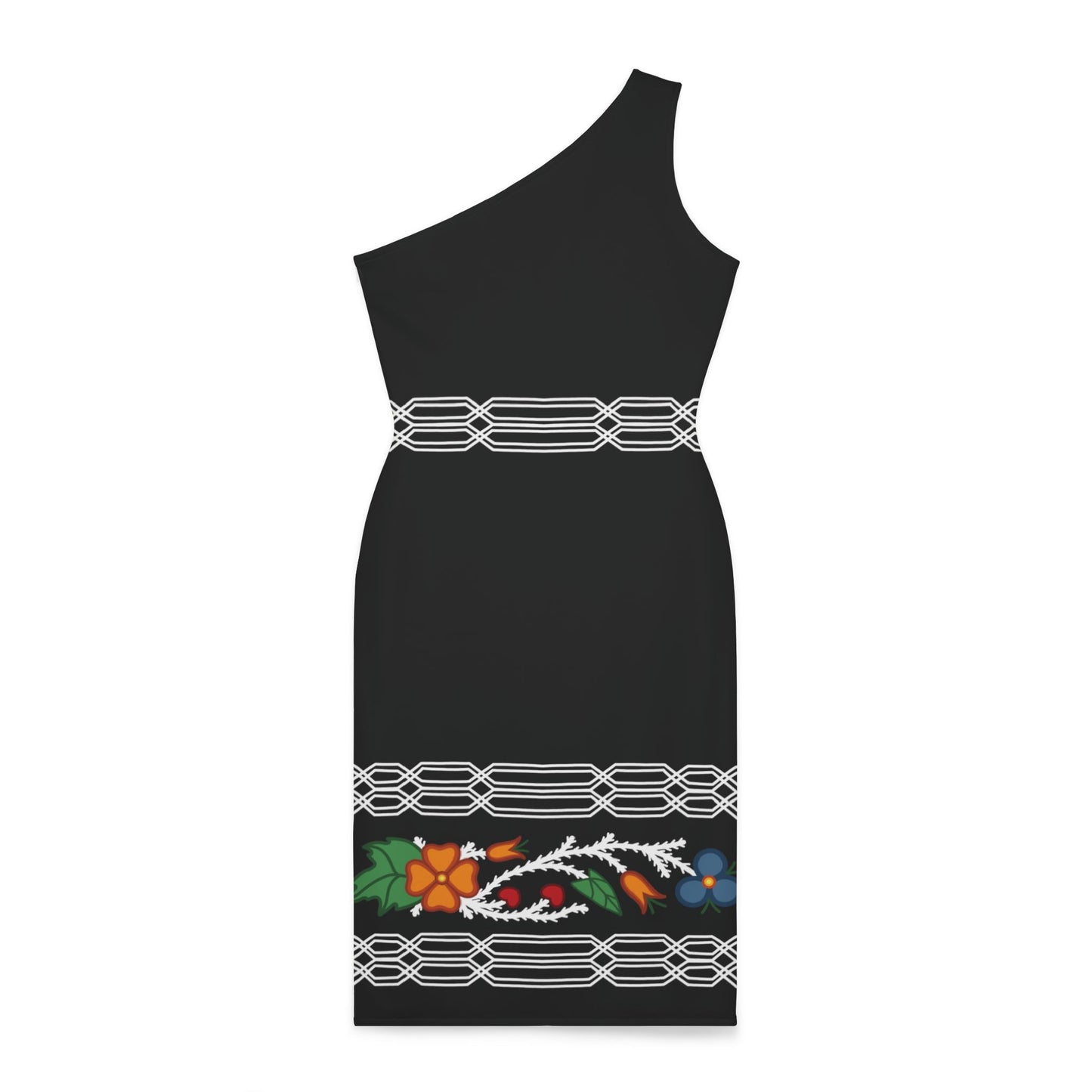 Otter Tail Pattern - Classy One Shoulder Strap Dress - Black Ojibwe Floral Panel Design