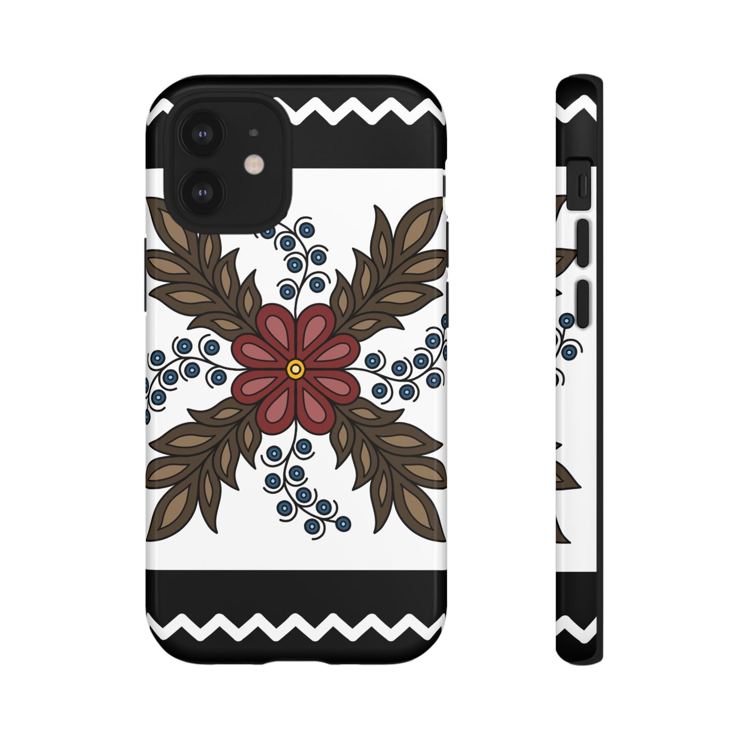 Traditional Style Ojibwe Floral Design With Zig-Zag Geometric Border Design - Tough Phone Cases - Black