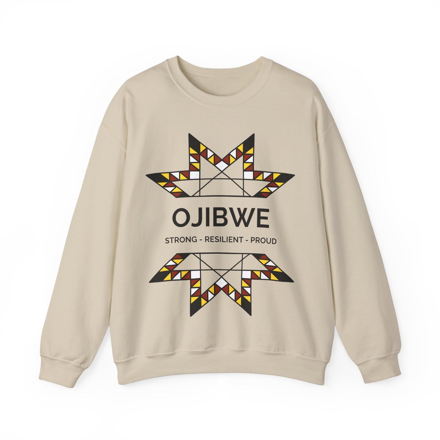 Ojibwe Pride Text & Geometric Star Design - Unisex Gildan Heavy Blend™ Crewneck Sweatshirt