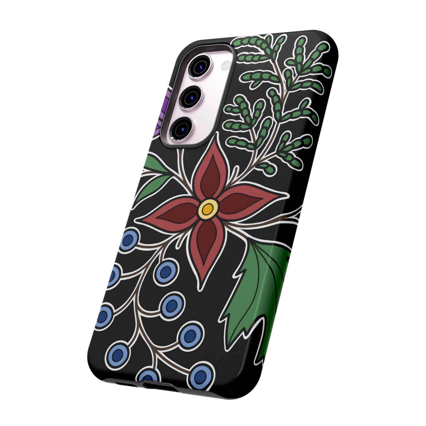 Giizhik (Cedar) & Miinan (Blueberries) Ojibwe Floral Tough Phone Cases - Black