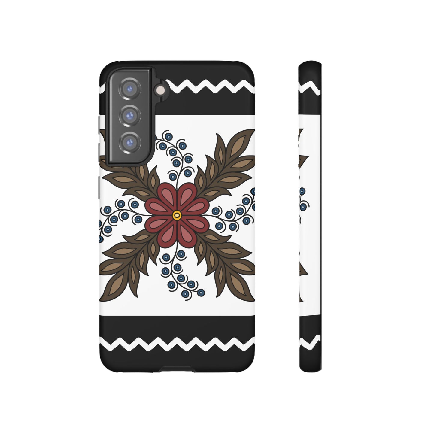 Traditional Style Ojibwe Floral Design With Zig-Zag Geometric Border Design - Tough Phone Cases - Black