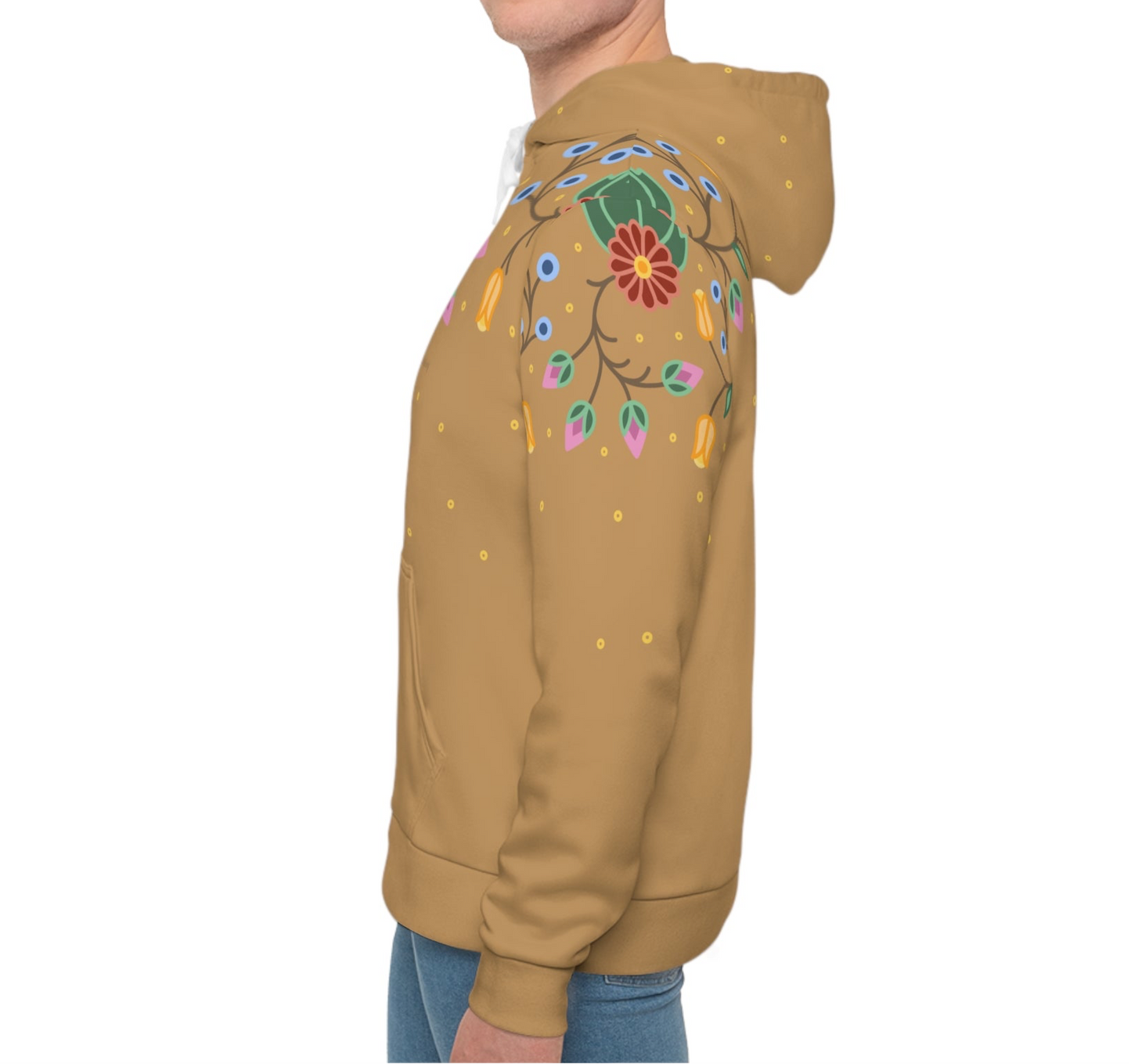 Traditional Style Ojibwe Florals & Sequins - All-Over-Print Hoodie - Gold Tan