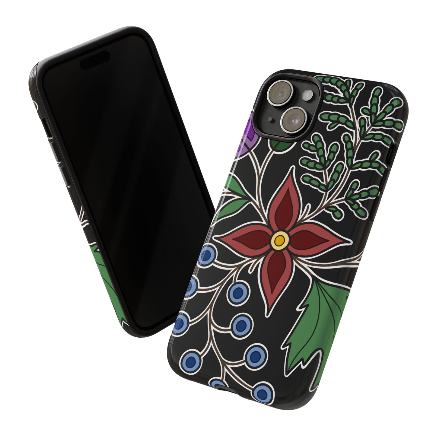 Giizhik (Cedar) & Miinan (Blueberries) Ojibwe Floral Tough Phone Cases - Black