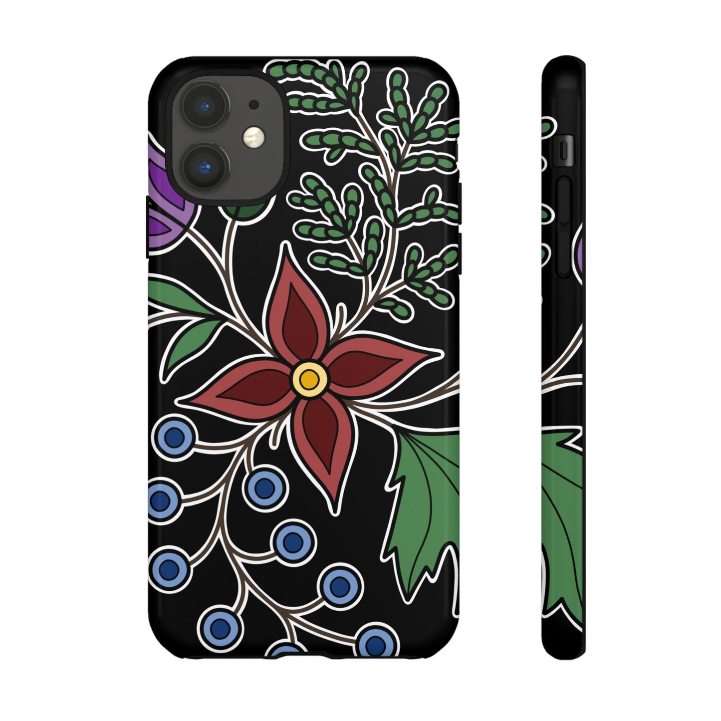 Giizhik (Cedar) & Miinan (Blueberries) Ojibwe Floral Tough Phone Cases - Black