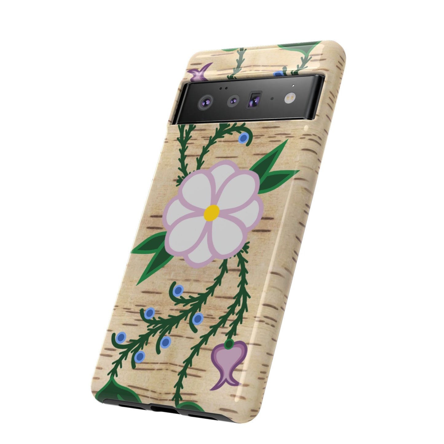 Birchbark Print Ojibwe Floral Tough Phone Cases - Black