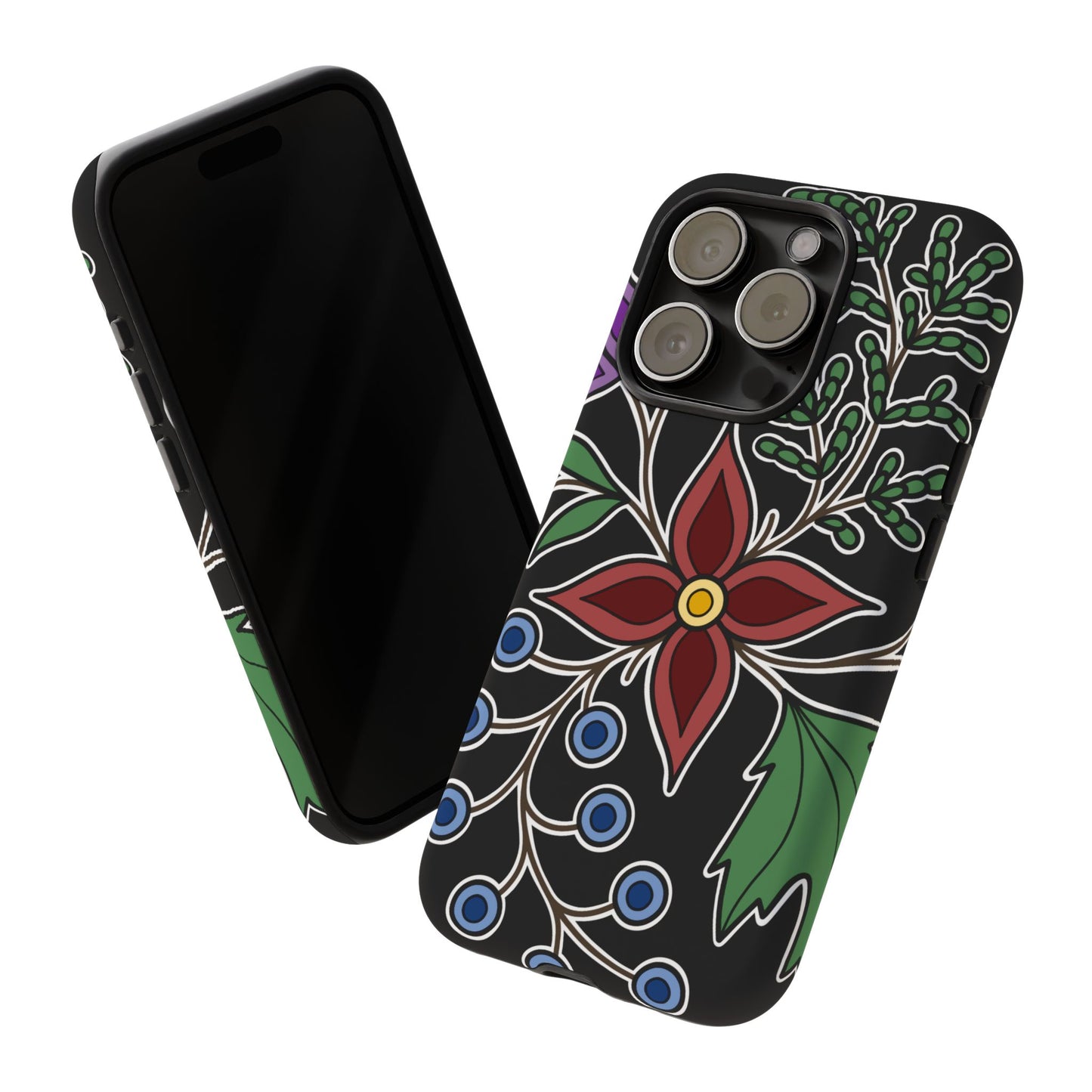 Giizhik (Cedar) & Miinan (Blueberries) Ojibwe Floral Tough Phone Cases - Black