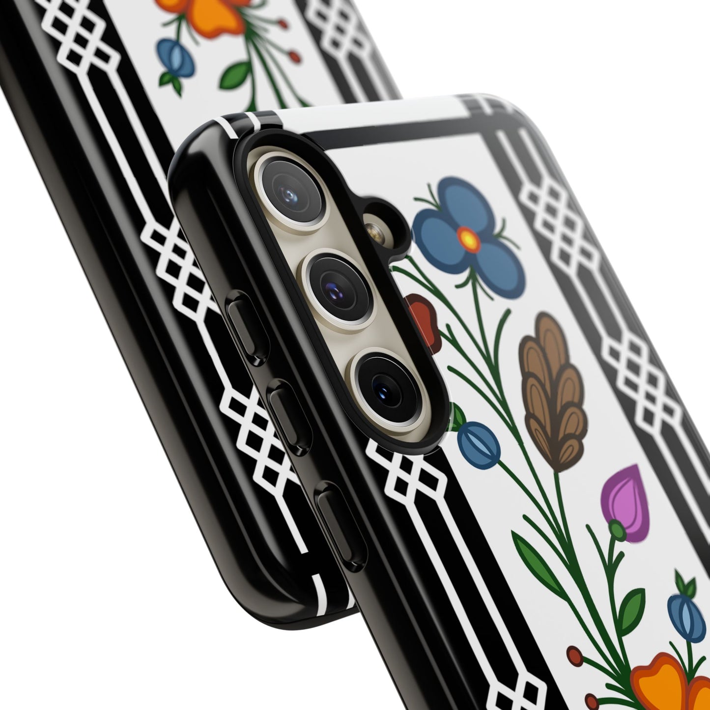 Ojibwe Floral Panel & Otter Track Geometric Border - Tough Phone Cases - Black