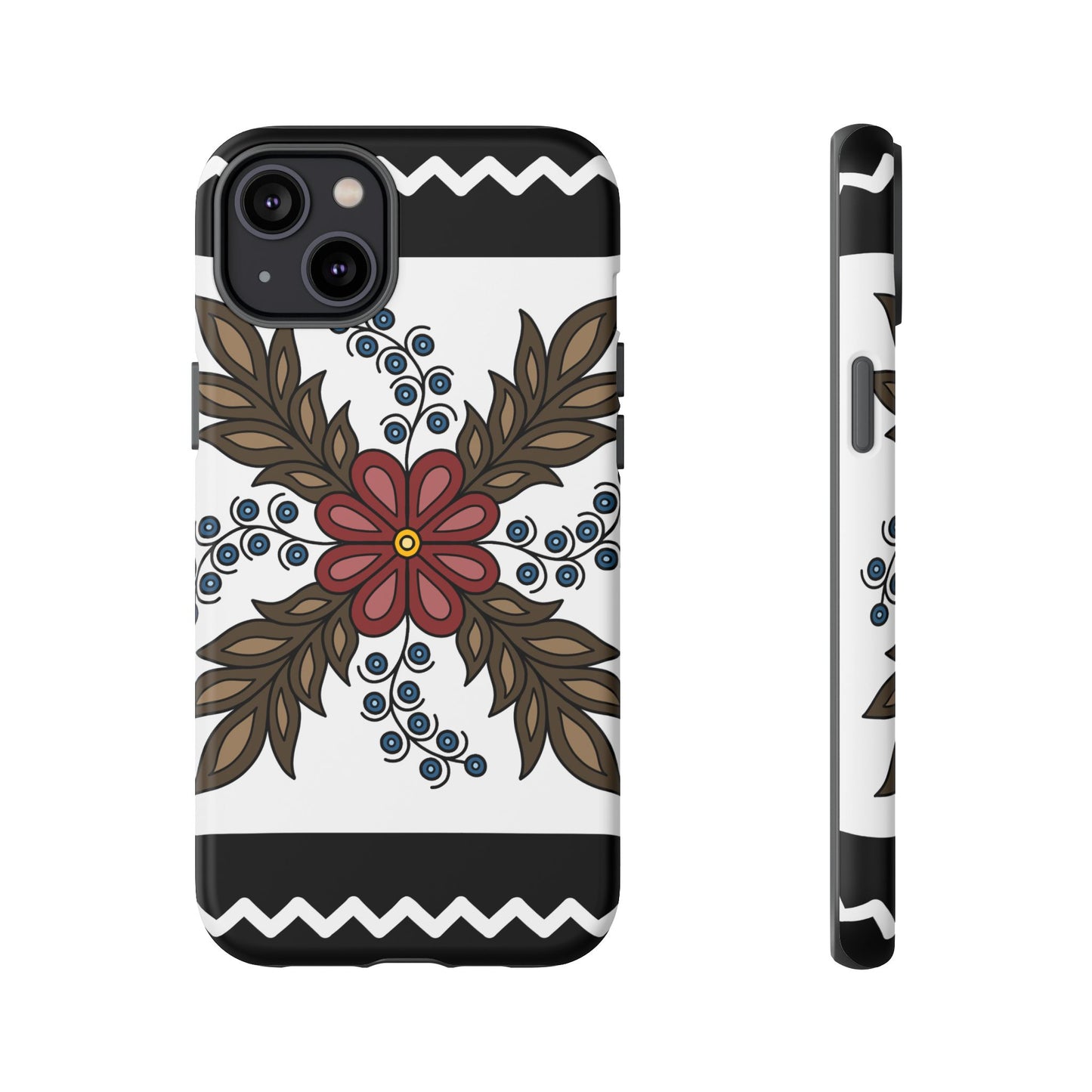 Traditional Style Ojibwe Floral Design With Zig-Zag Geometric Border Design - Tough Phone Cases - Black