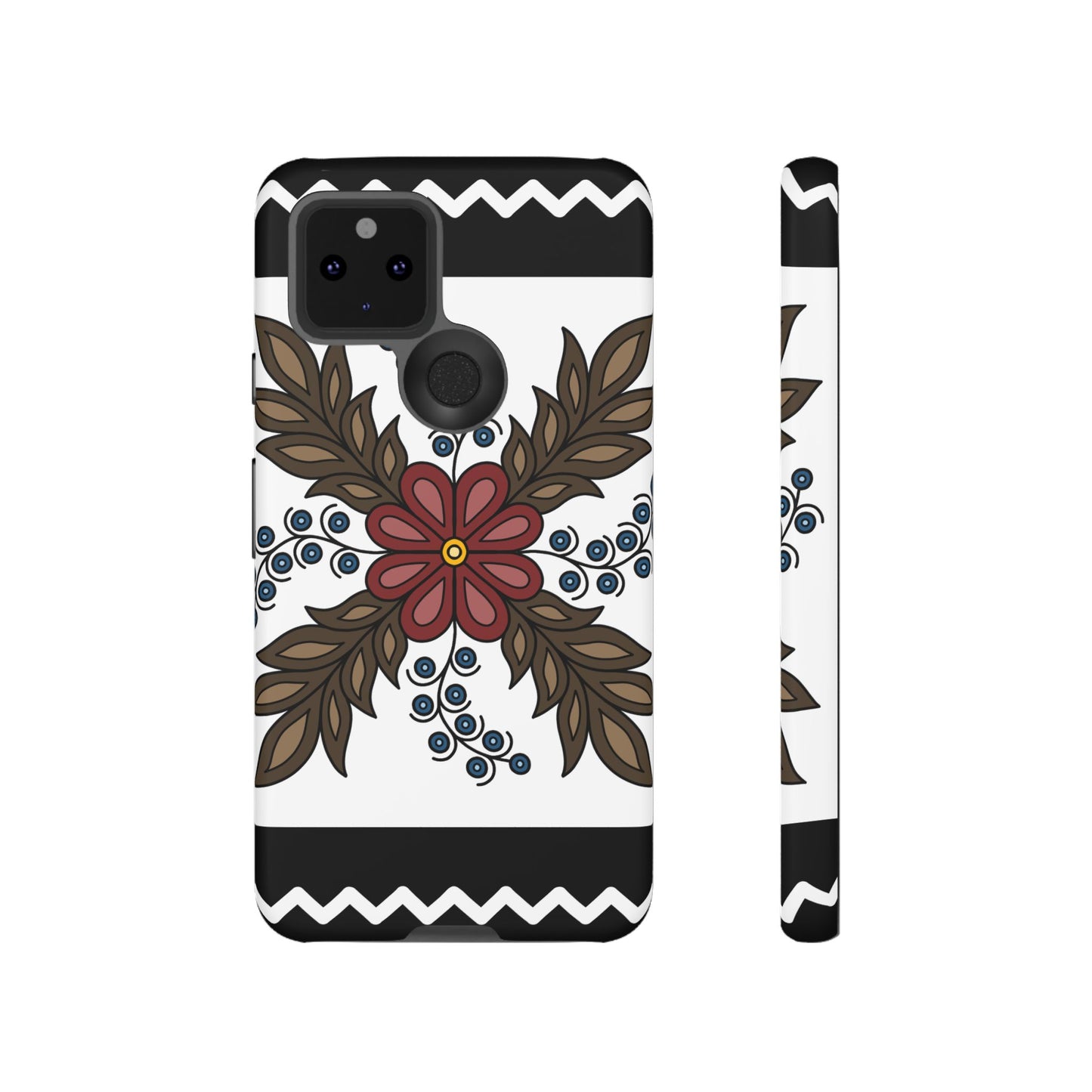 Traditional Style Ojibwe Floral Design With Zig-Zag Geometric Border Design - Tough Phone Cases - Black