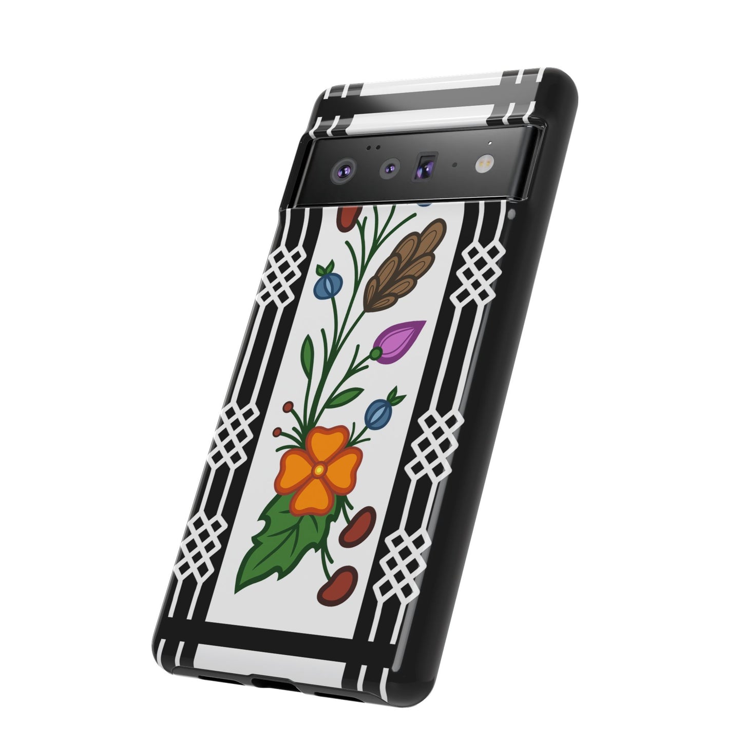 Ojibwe Floral Panel & Otter Track Geometric Border - Tough Phone Cases - Black