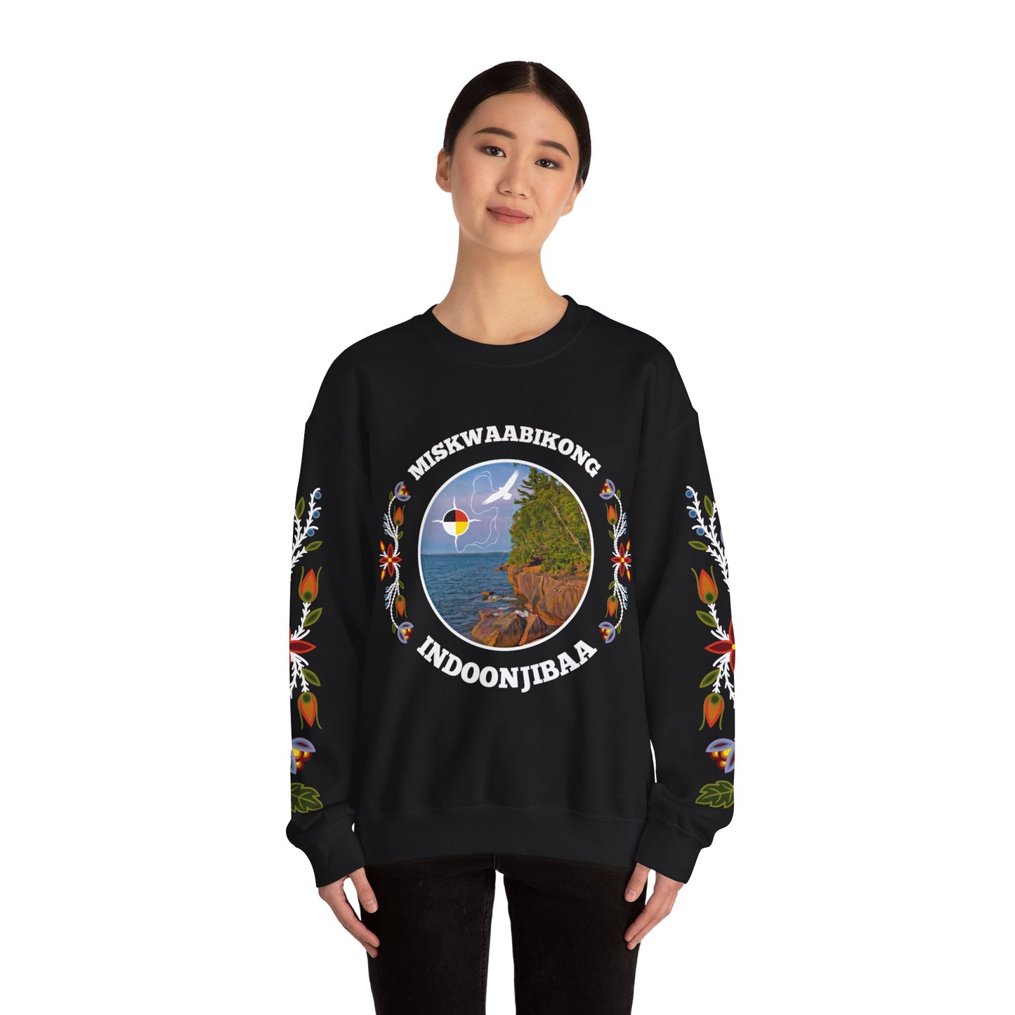 Miskwaabikong Indoonjibaa - Red Cliff Ojibwe Floral Sleeve Design - Unisex Heavy Blend™ Crewneck Sweatshirt