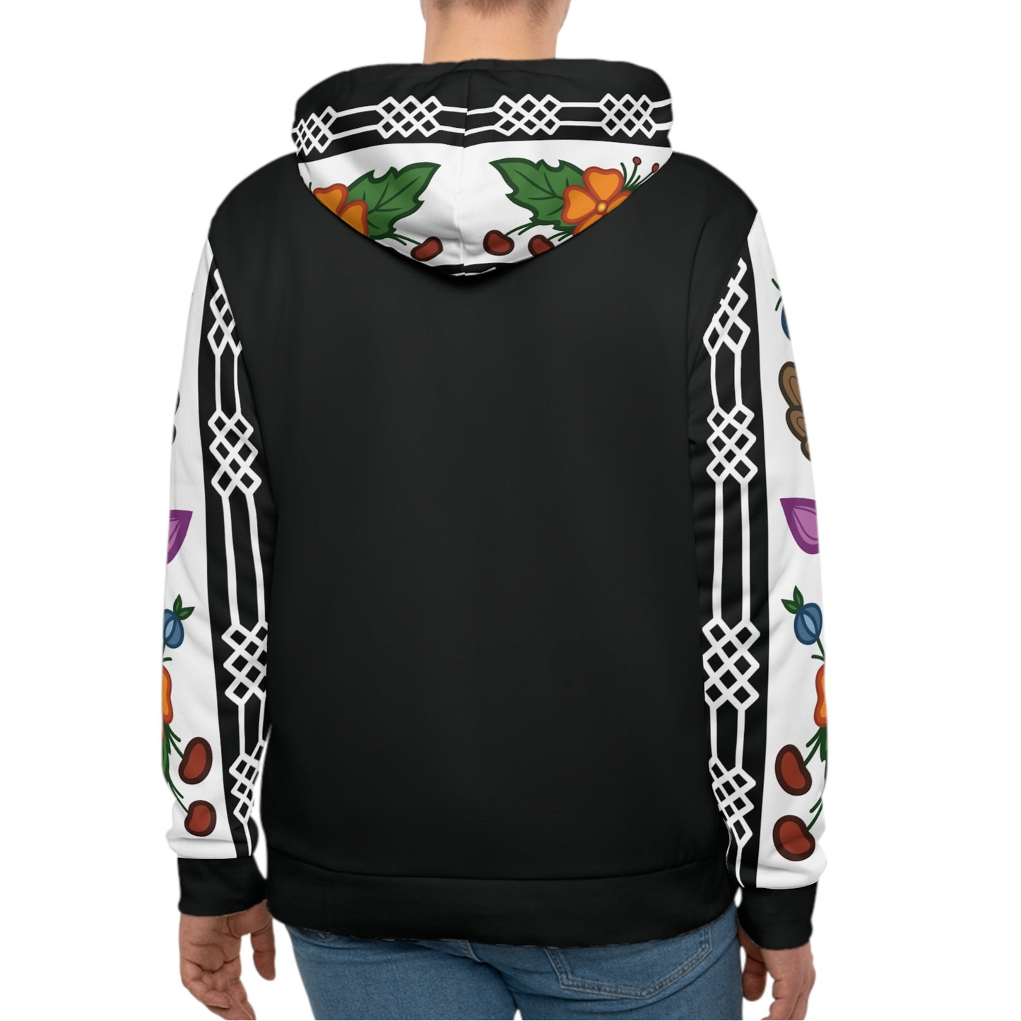 Ojibwe Floral Panel with Otter Track Geometric Borders - Sleeve & Hood Design - Unisex Hoodie