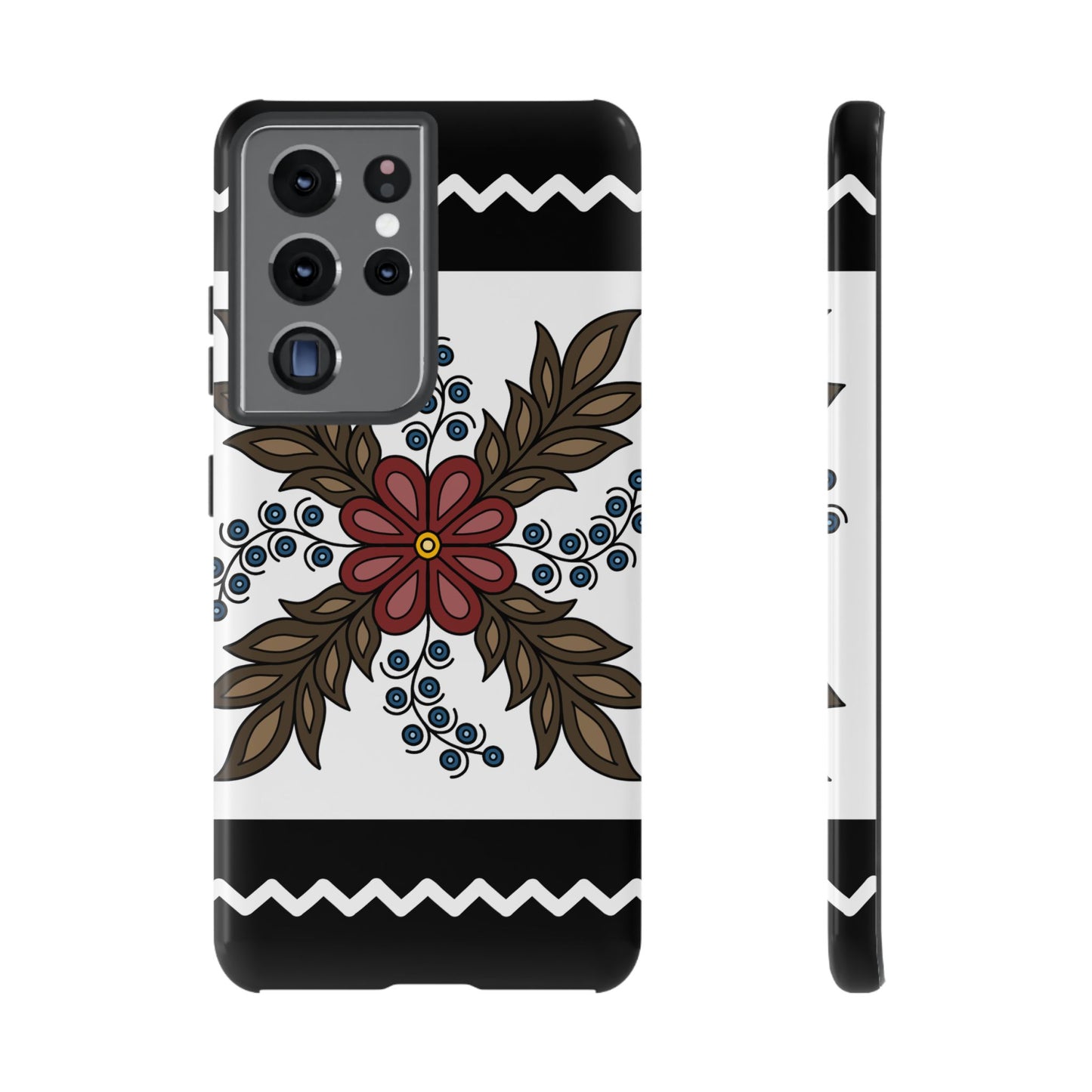 Traditional Style Ojibwe Floral Design With Zig-Zag Geometric Border Design - Tough Phone Cases - Black