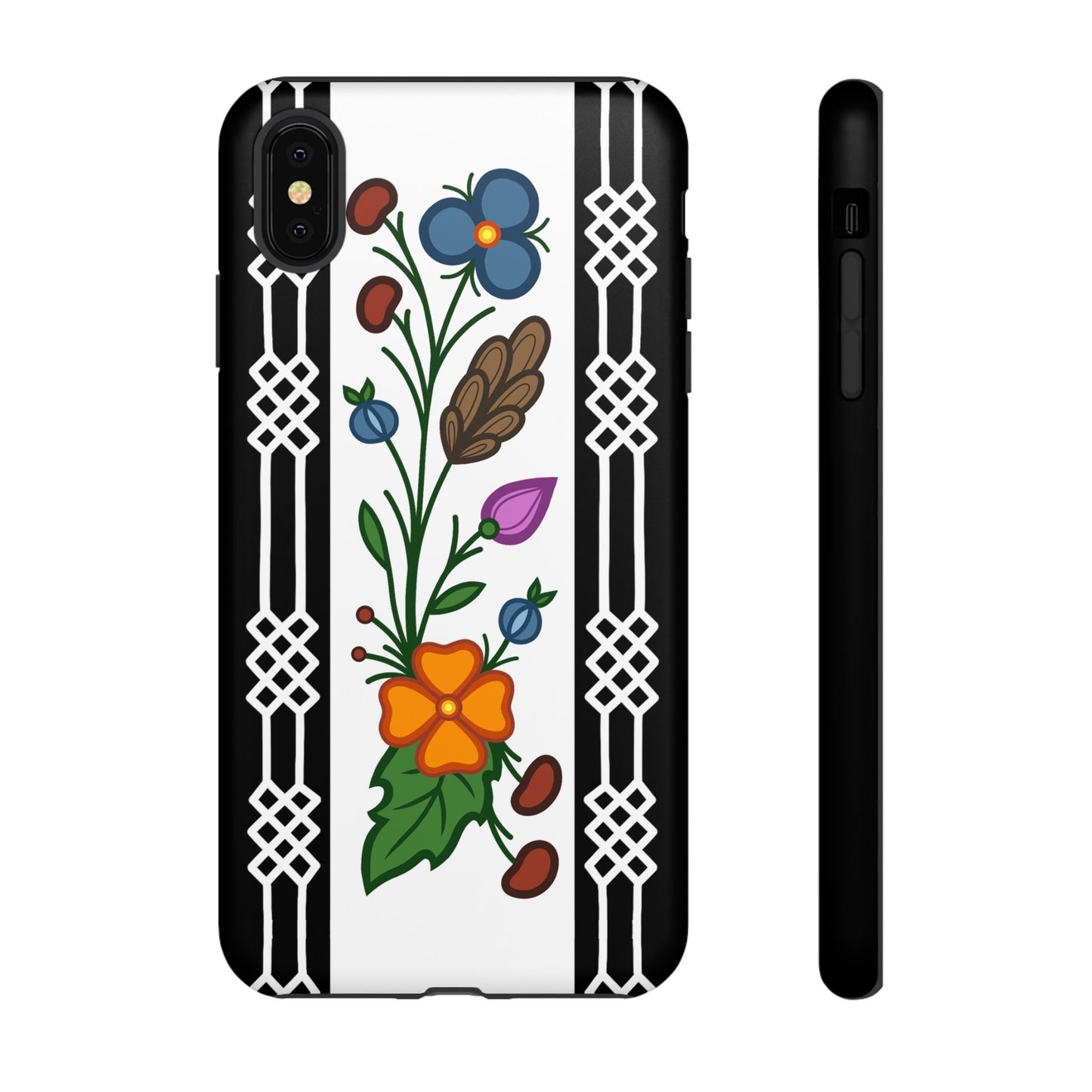 Ojibwe Floral Panel & Otter Track Geometric Border - Tough Phone Cases - Black