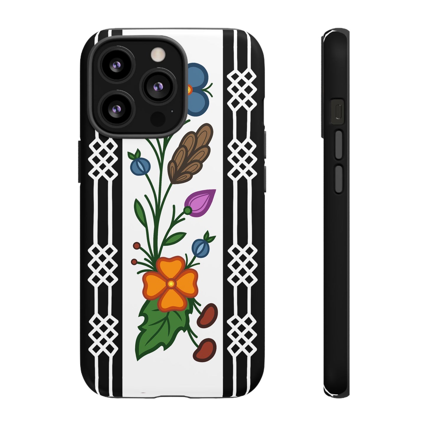 Ojibwe Floral Panel & Otter Track Geometric Border - Tough Phone Cases - Black