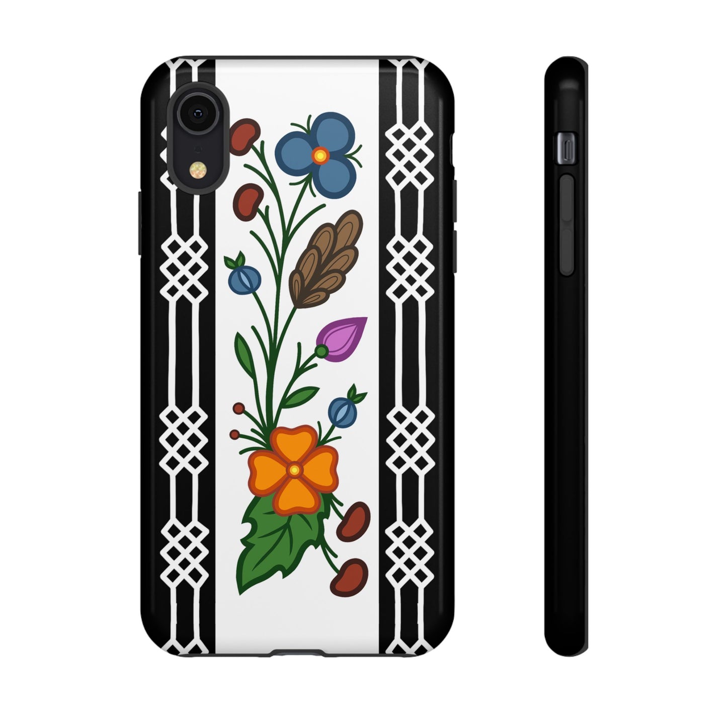 Ojibwe Floral Panel & Otter Track Geometric Border - Tough Phone Cases - Black